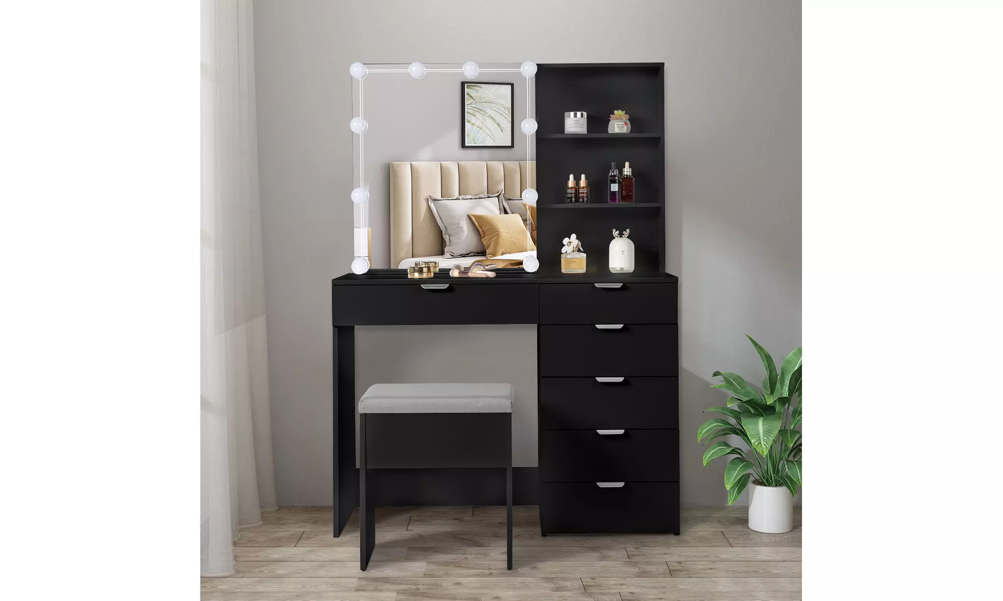 Vanity Table Set with Sliding Mirror Storage Drawers Shelves Cushion Stool Set - Primary Image