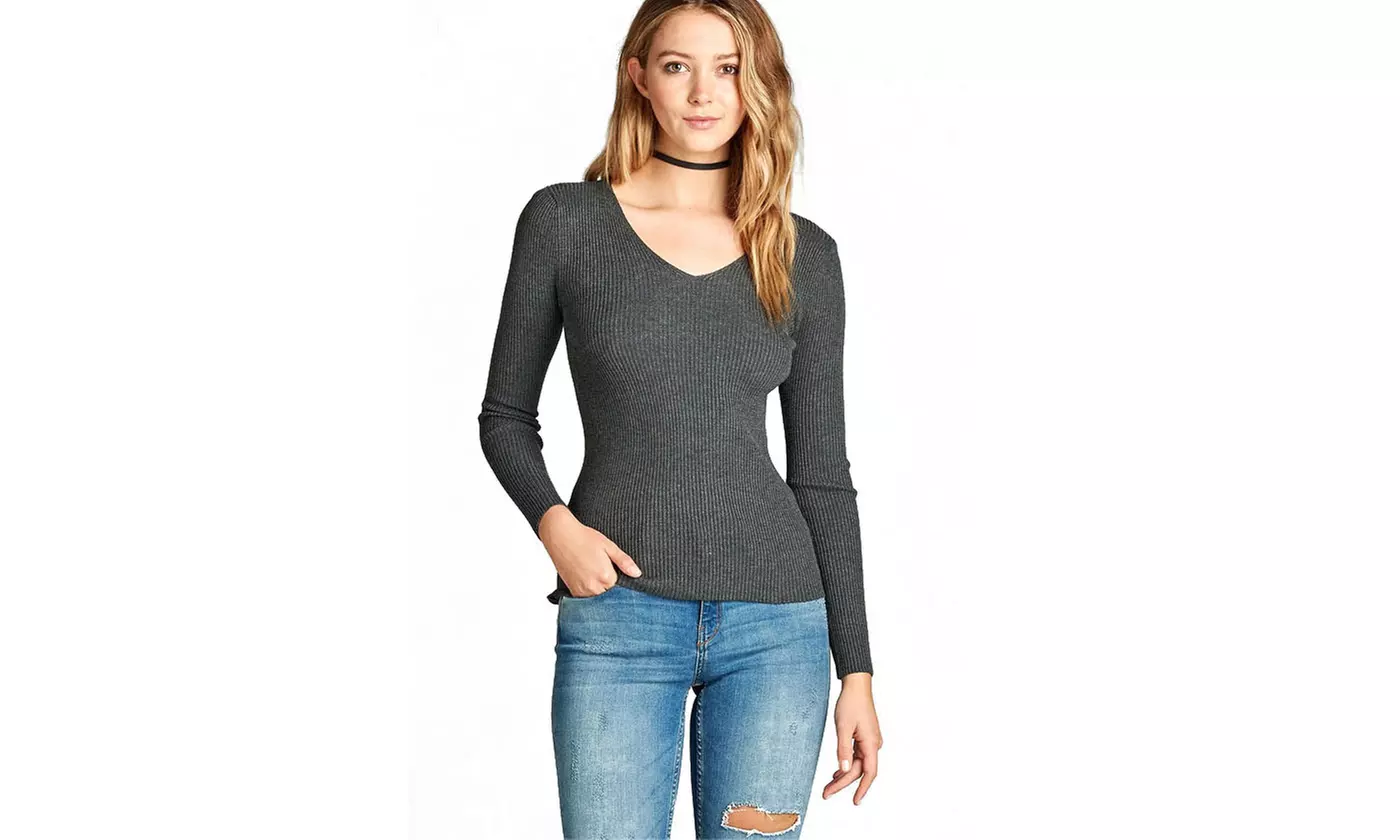 Ladies fashion long sleeve v-neck fitted rib sweater top - Second Medium