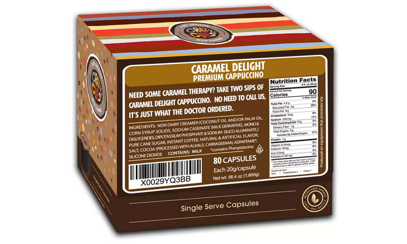 Crazy Cups Hot or Iced Cappuccino K Cups Carmel or Vanilla 22 or 80 ct