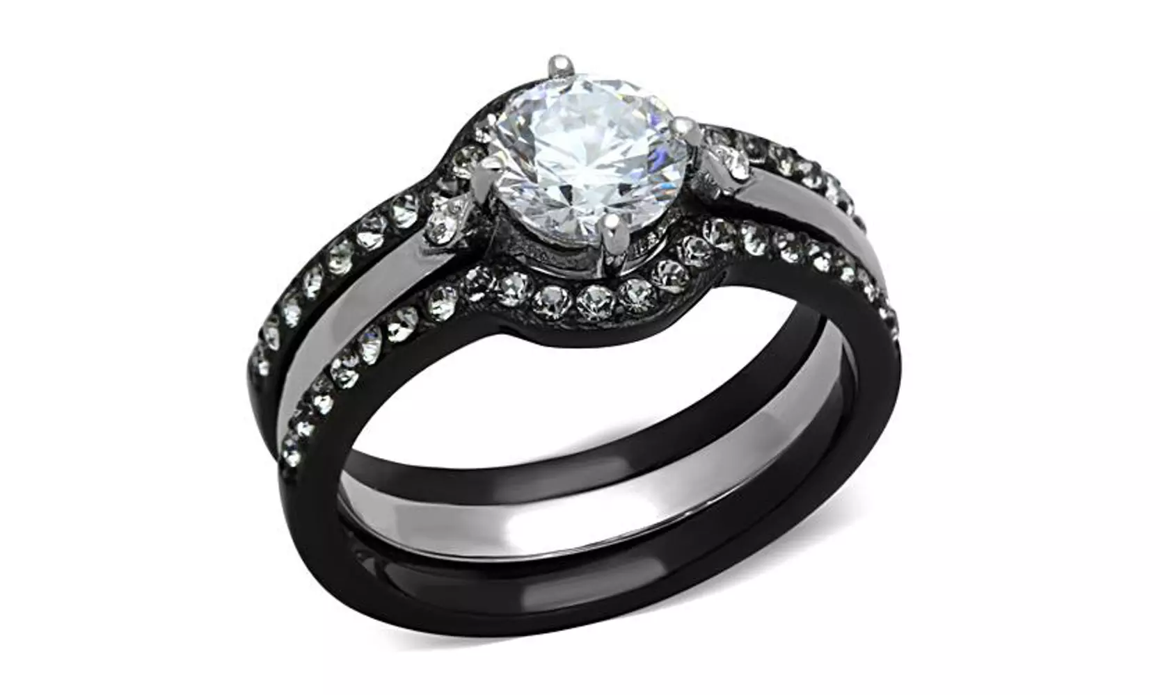 Women's 1.90 Ct Round Cut Cz Black Stainless Steel Wedding Ring Set