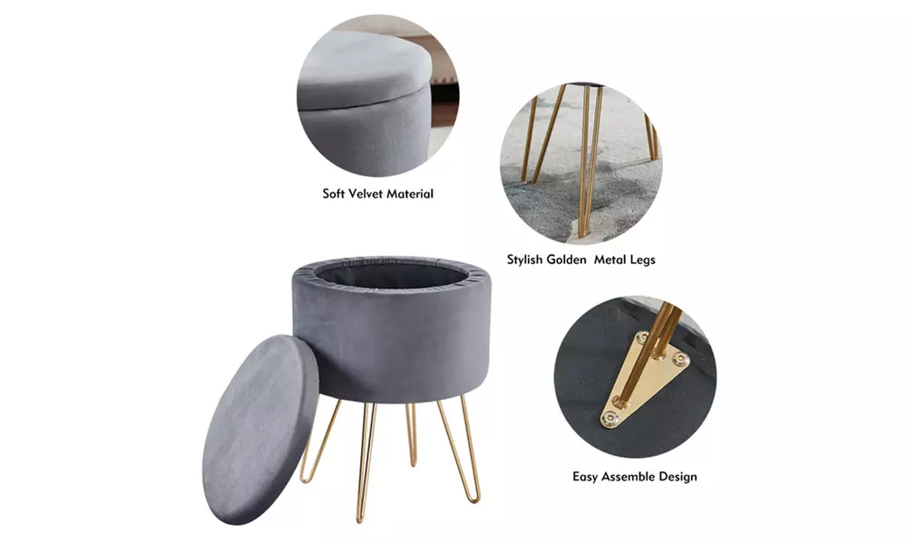 Round Velvet Footstool Ottoman with Storage Function Grey  - Second Medium