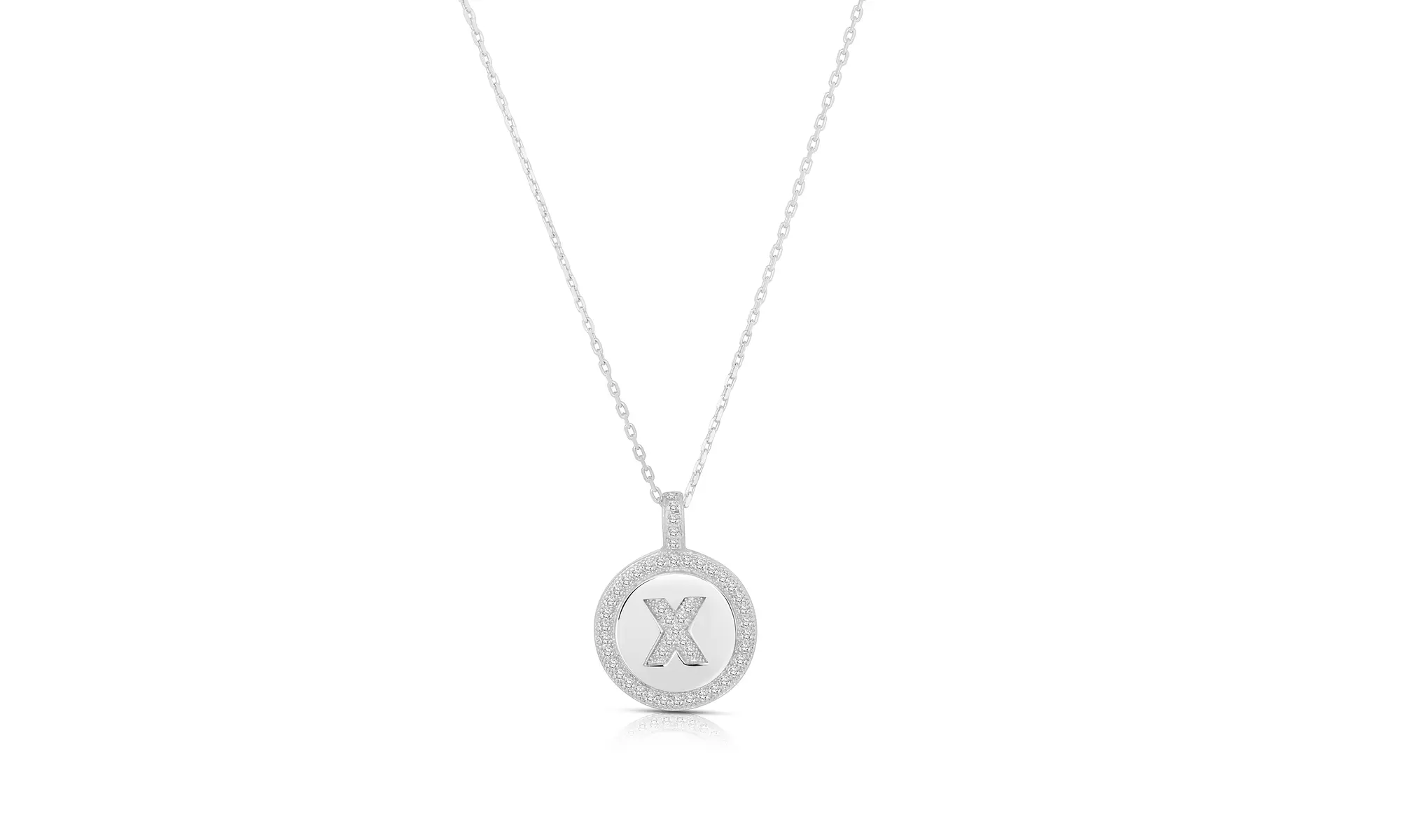 Sterling Silver Crystal Round Disc Initial Pendant Necklace