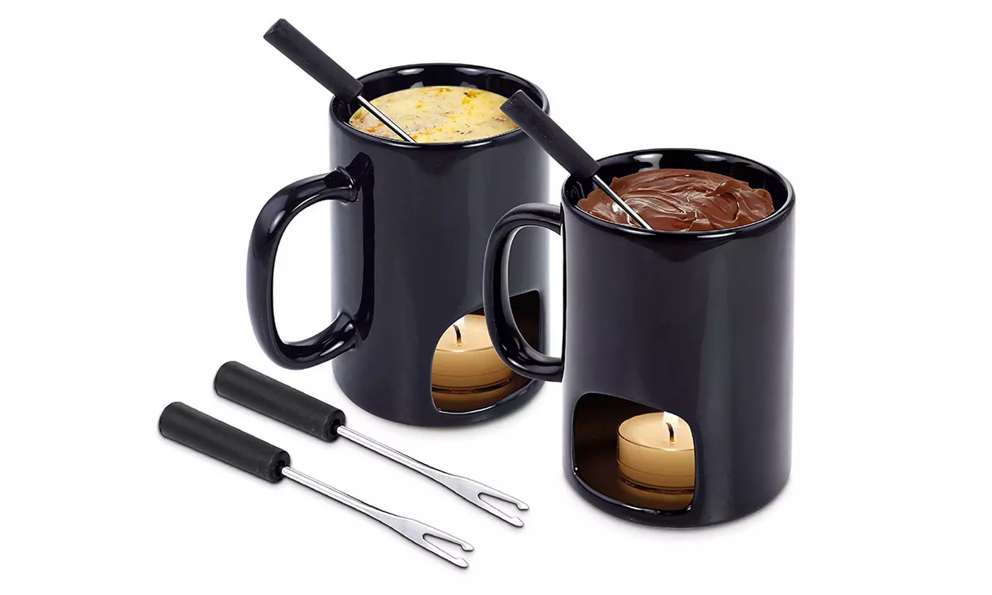 Set of 2 Ceramic Mugs Fondue Forks Set Dining Kitchenware - Primary Image