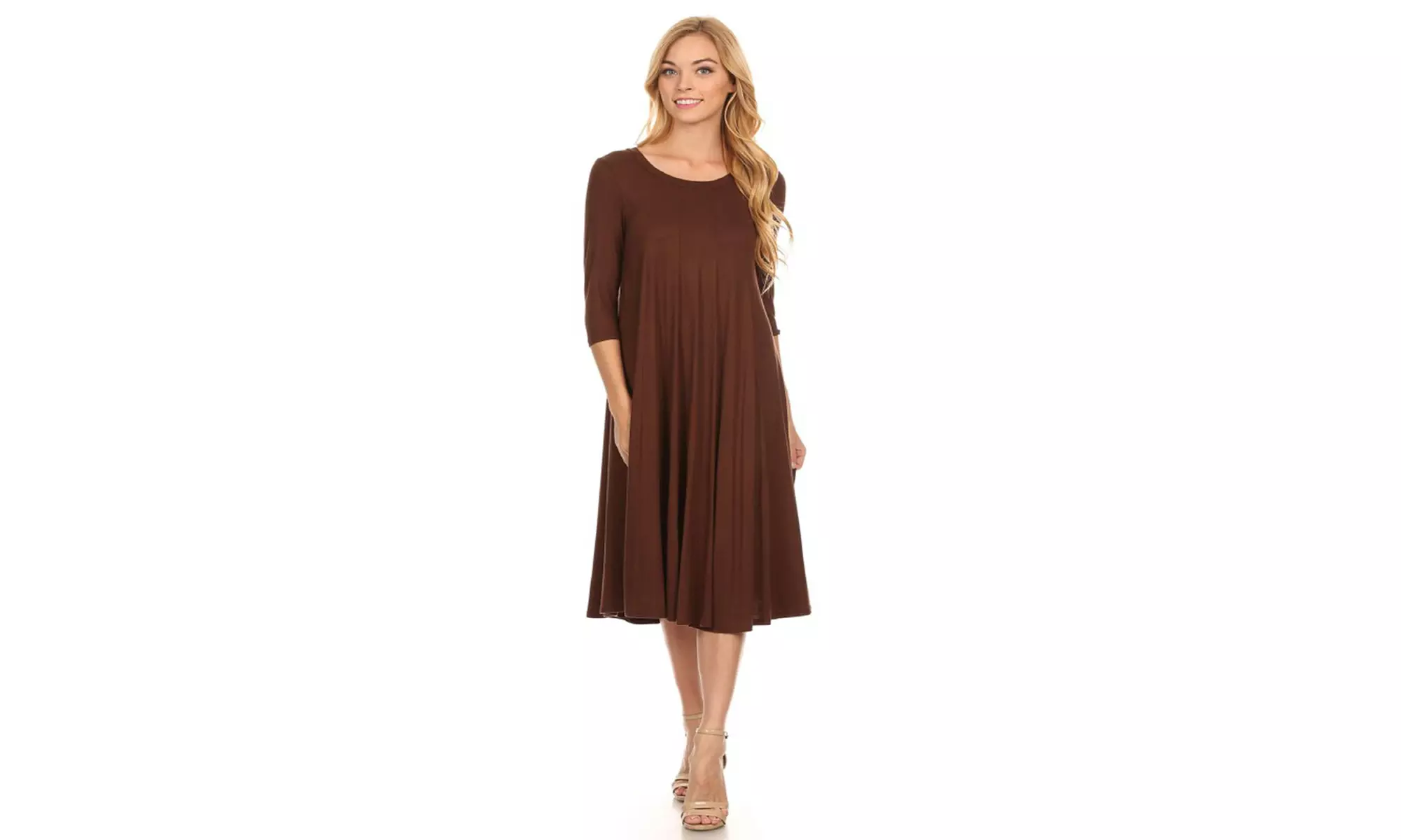 Women's Solid Casual Comfy 3/4 Sleeve Loose Fit A-line Midi Dress