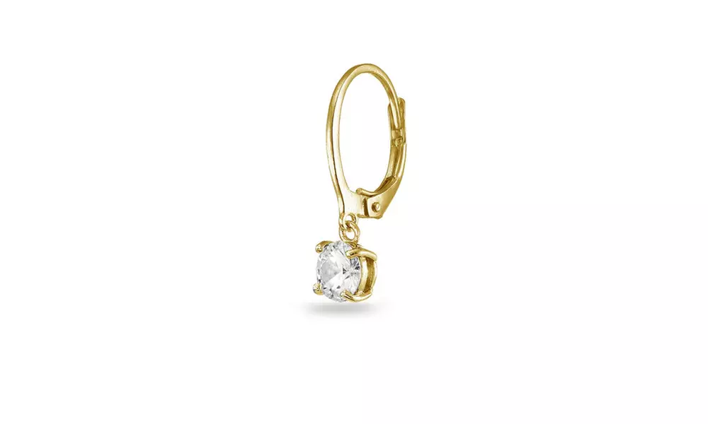 Gold Flashed Silver Cubic Zirconia 6mm Round Dangle Leverback Earrings