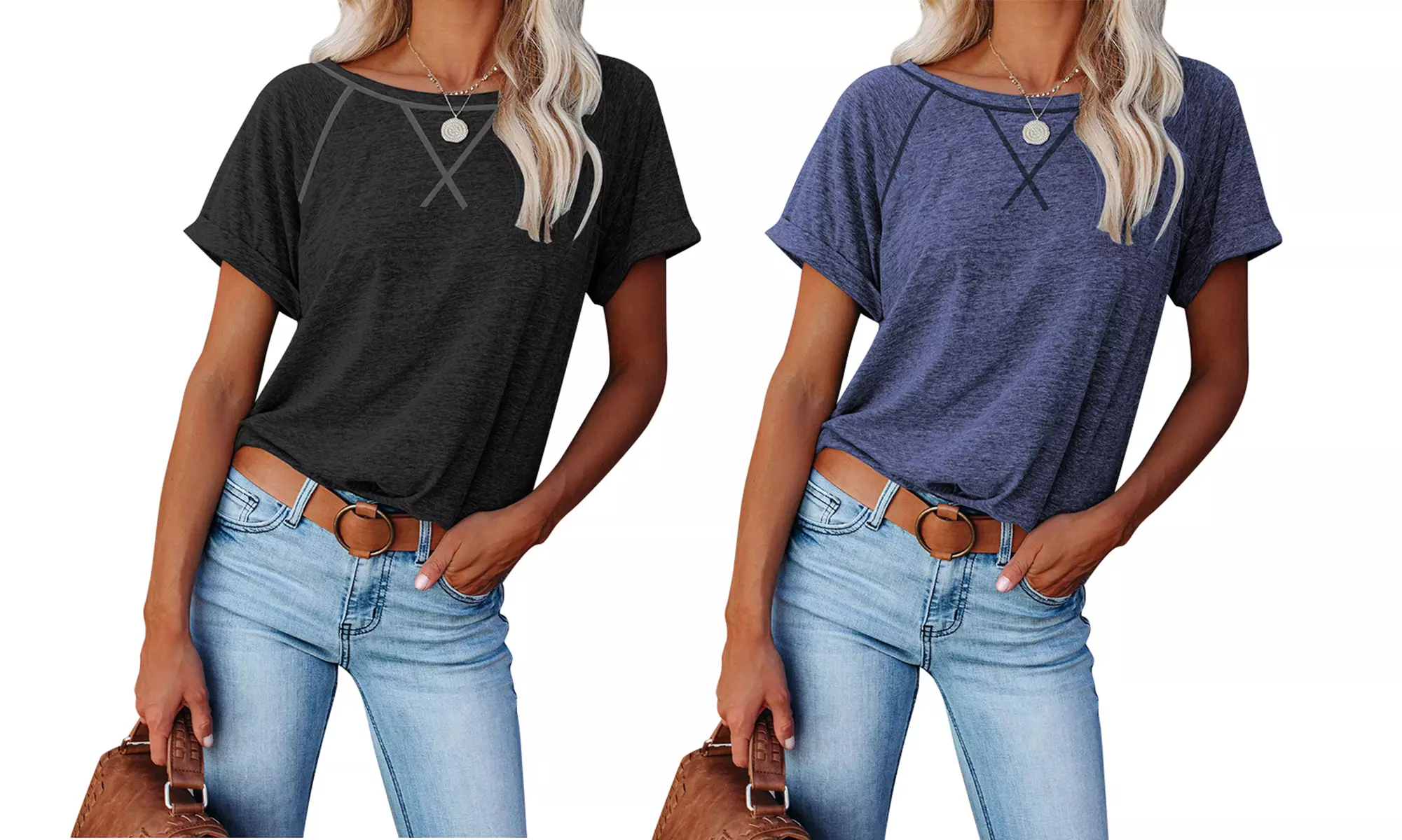Womens Short Sleeve Shirts Color Block Tops Loose Fit Casual Basic Tees Athletic - Primary Image