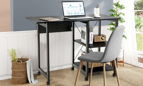 Costway Rolling Computer Desk Folding Writing Office Desk Storage Shelves Black