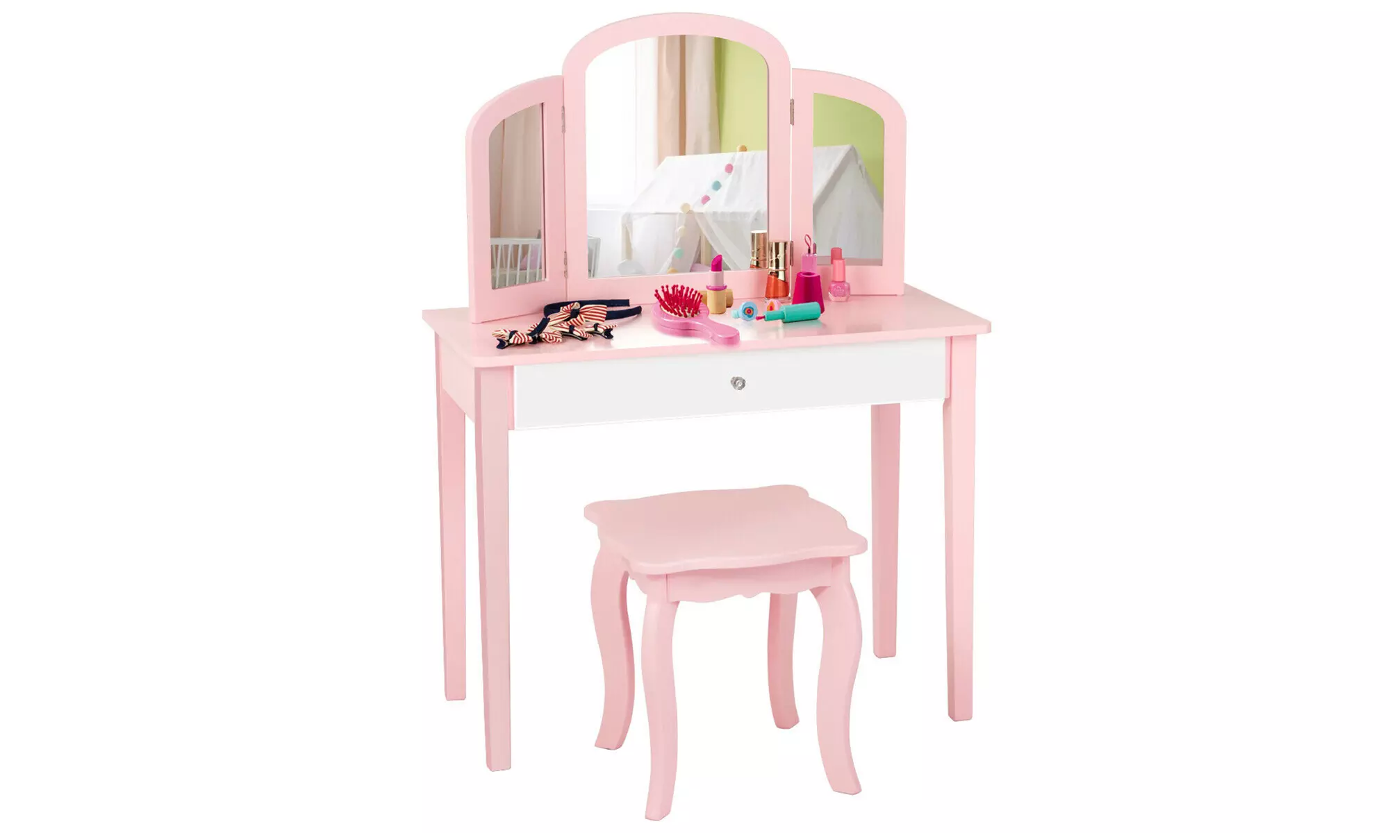 Costway Kids Vanity Princess Make Up Dressing Table W/  Mirror & Chair Pink - Primary Image