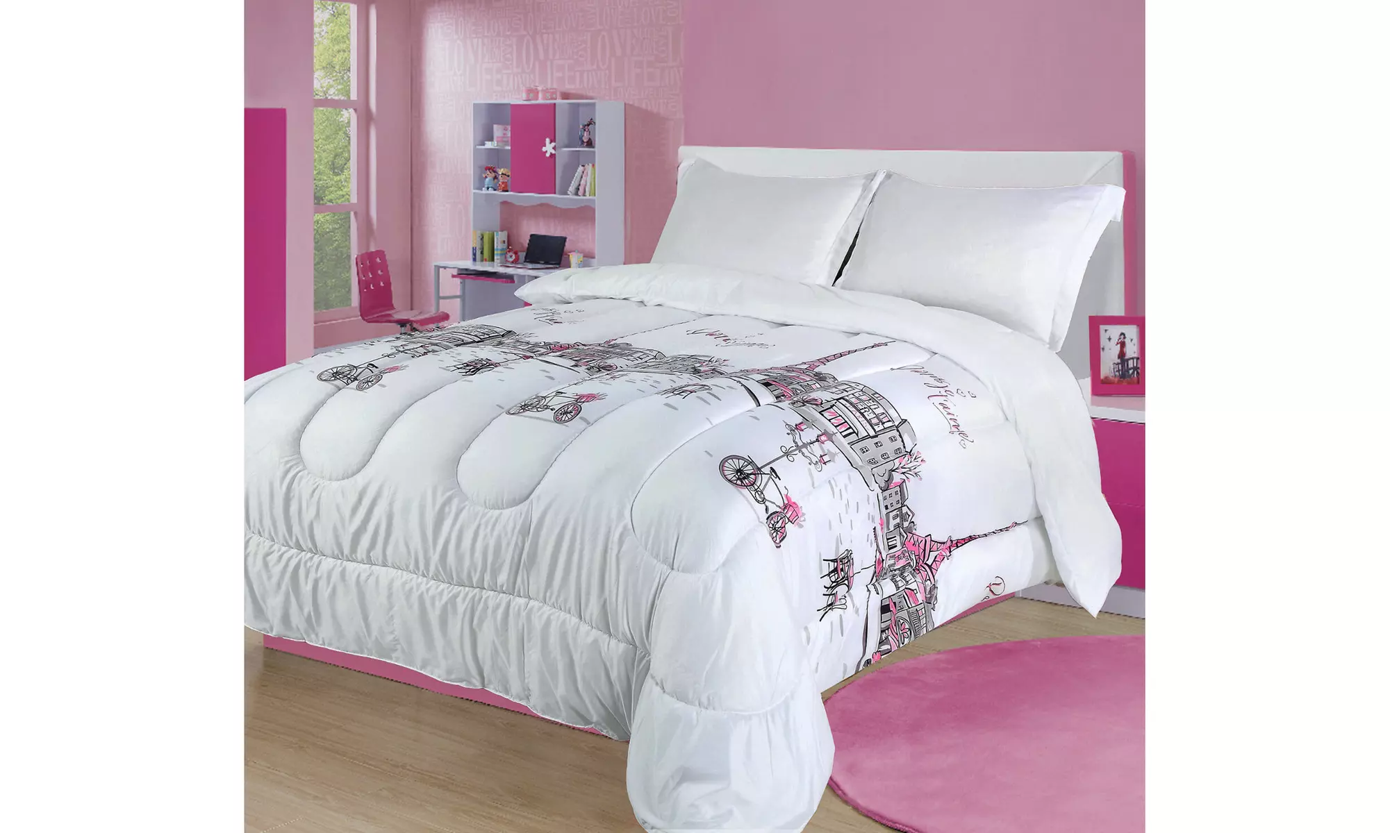Twin, Full/Queen, or King Paris Comforter Bedding Set Pink Grey Eiffel Tower - Primary Image