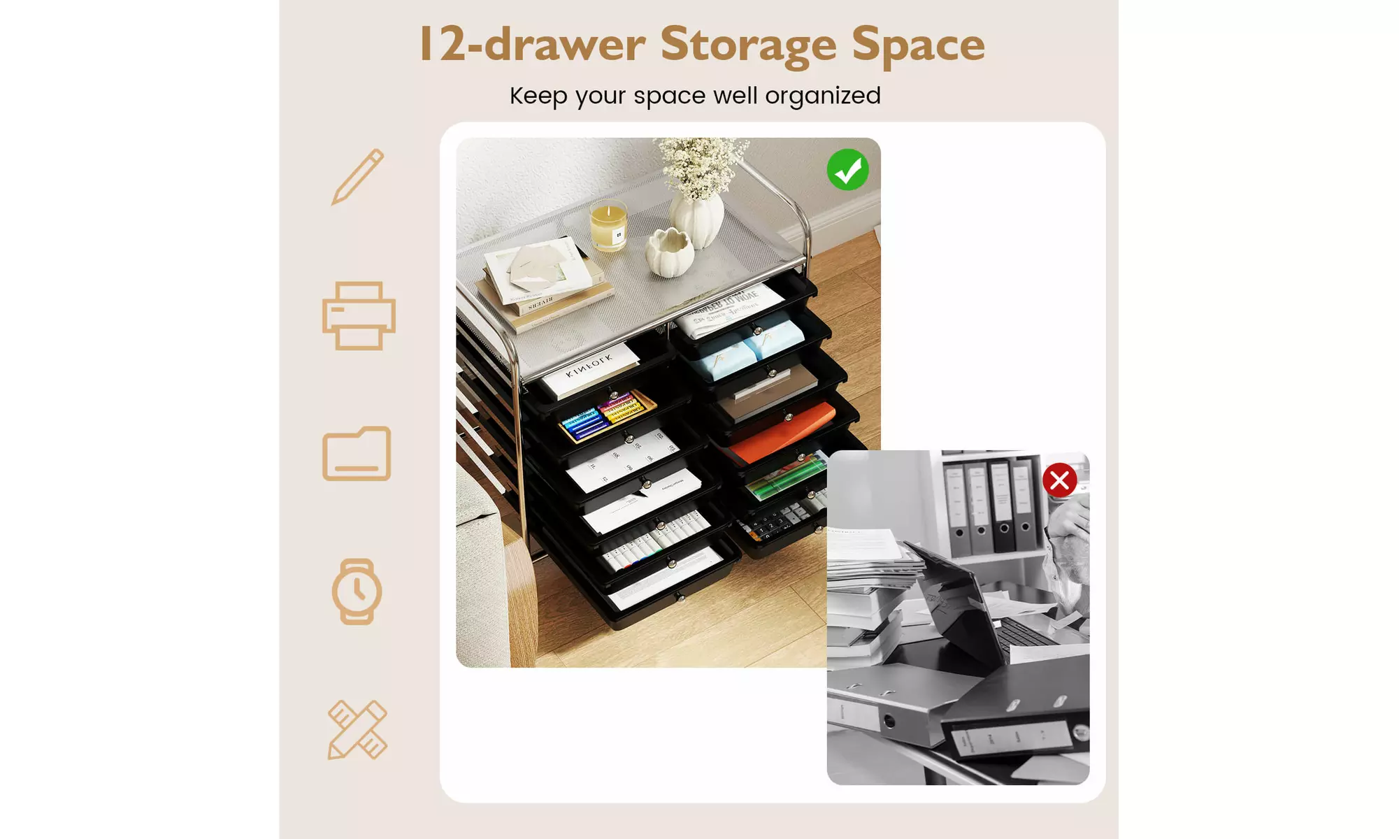 Costway 12 Drawers Rolling Cart Storage Scrapbook Paper Studio Organizer Bins