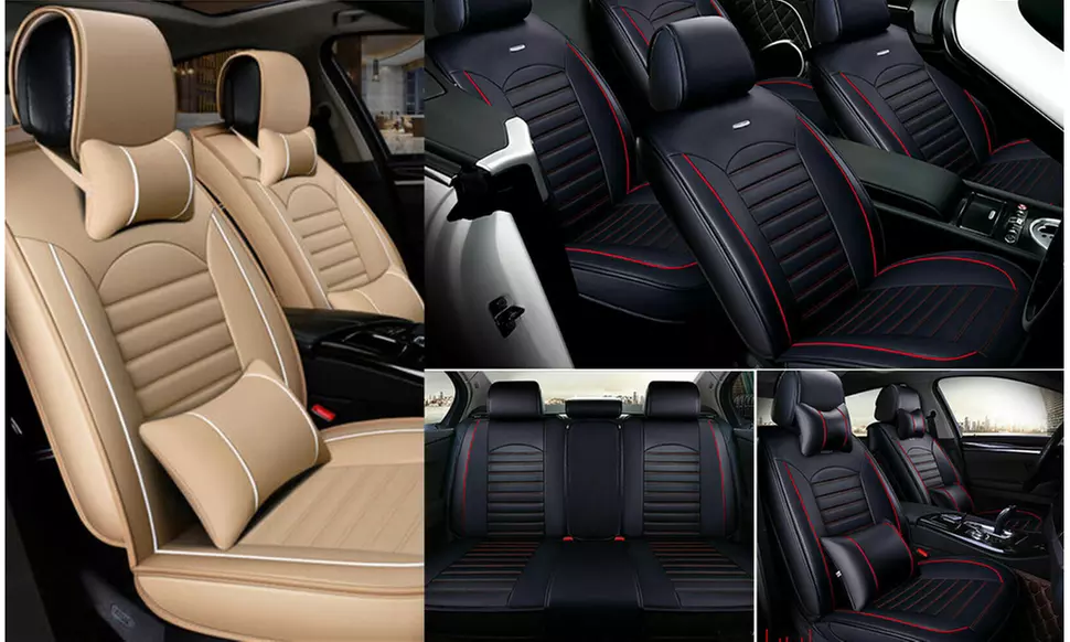 Deluxe Car Seat Cover Cushion Front Rear Full Set PU Leather Headrest Pillow - Primary Image