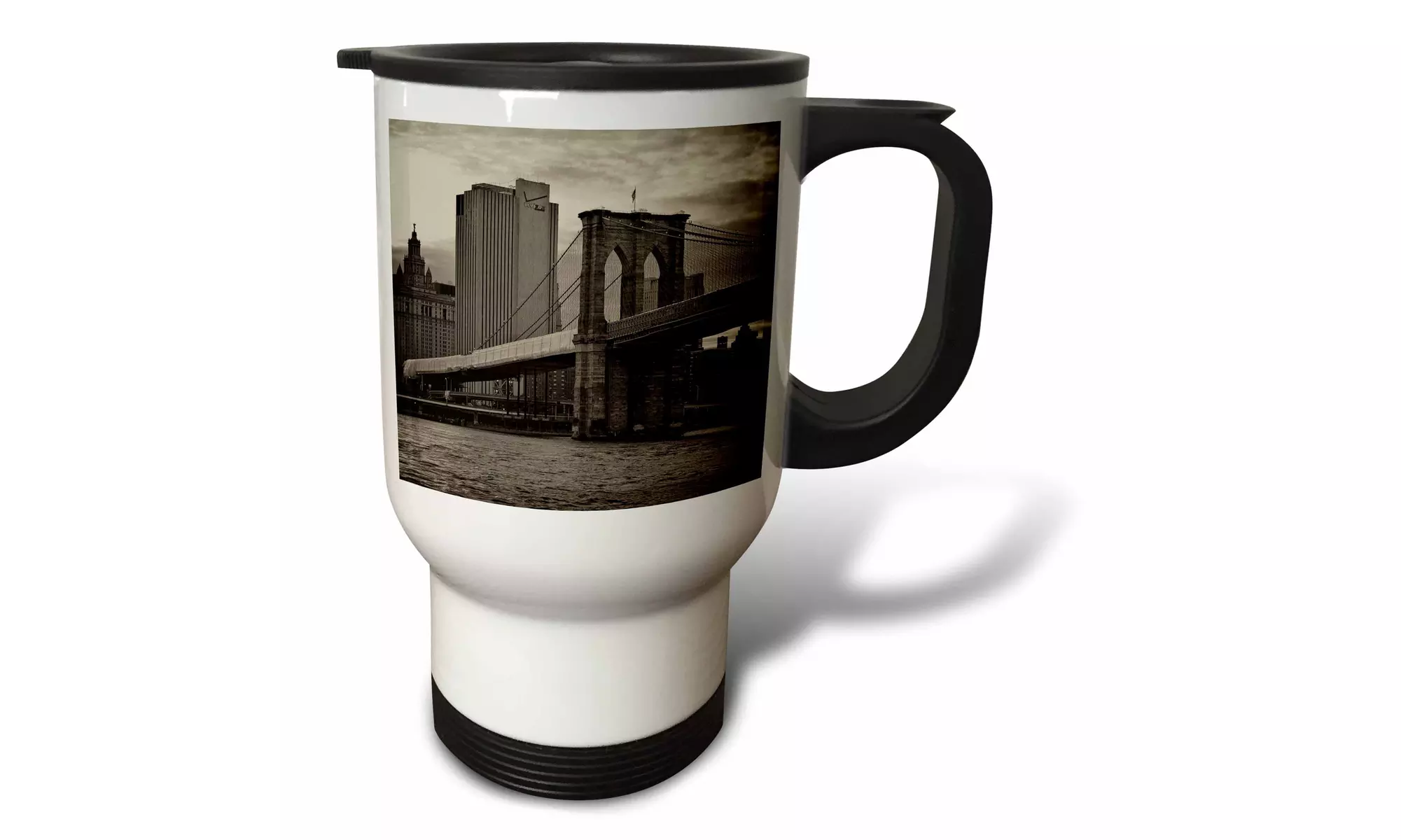  Travel Mug Brooklyn Bridge, East River, part of NYC skyline in Sepia - 14oz  - Primary Image