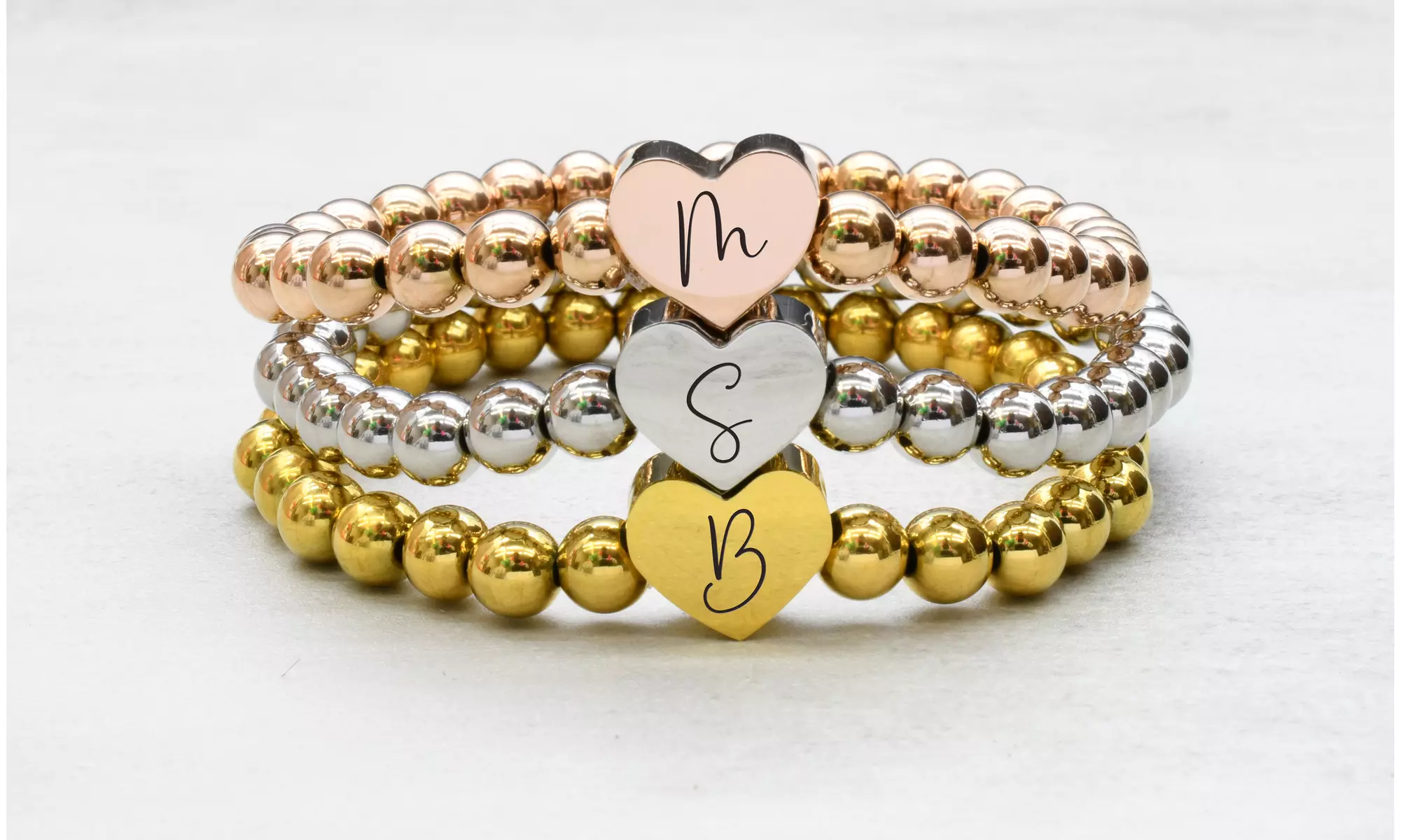 Stackable 7 Inch Beaded Heart Initial Bracelets By Pink Box - Primary Image