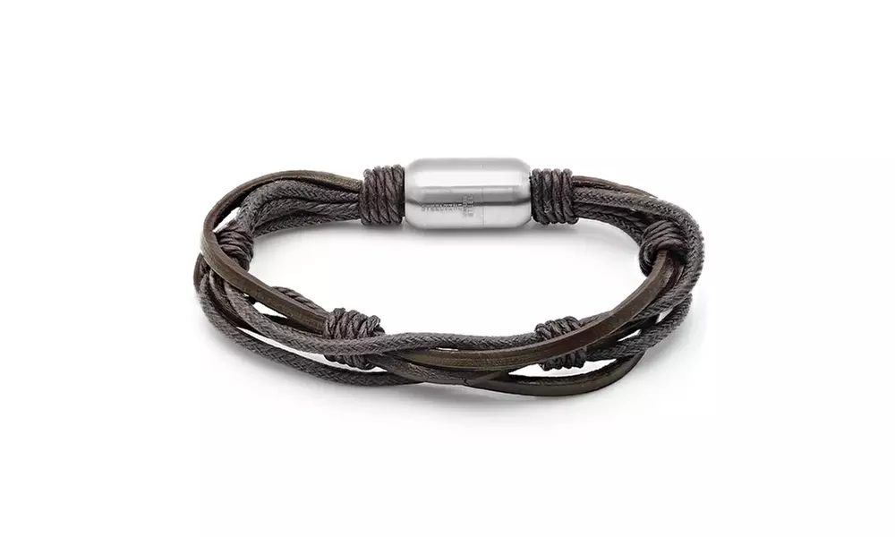 Men's Leather Bracelet With Stainless Steel Magnetic Clasp By Steeltime