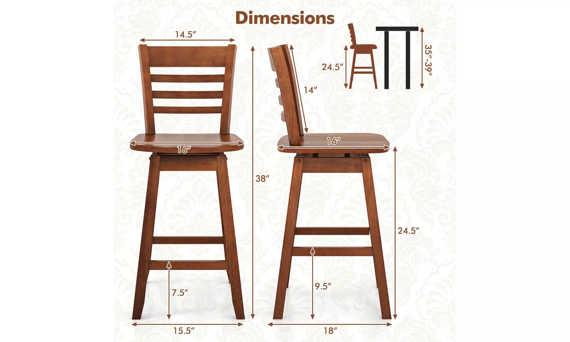 Costway 24.5" Counter Height Bar Chairs Swivel Bar Stools with Hollow Backrest