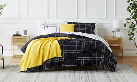 Urban Grid Oversized 5-Piece Reversible Comforter Bedding Set Black Twin/Twin XL