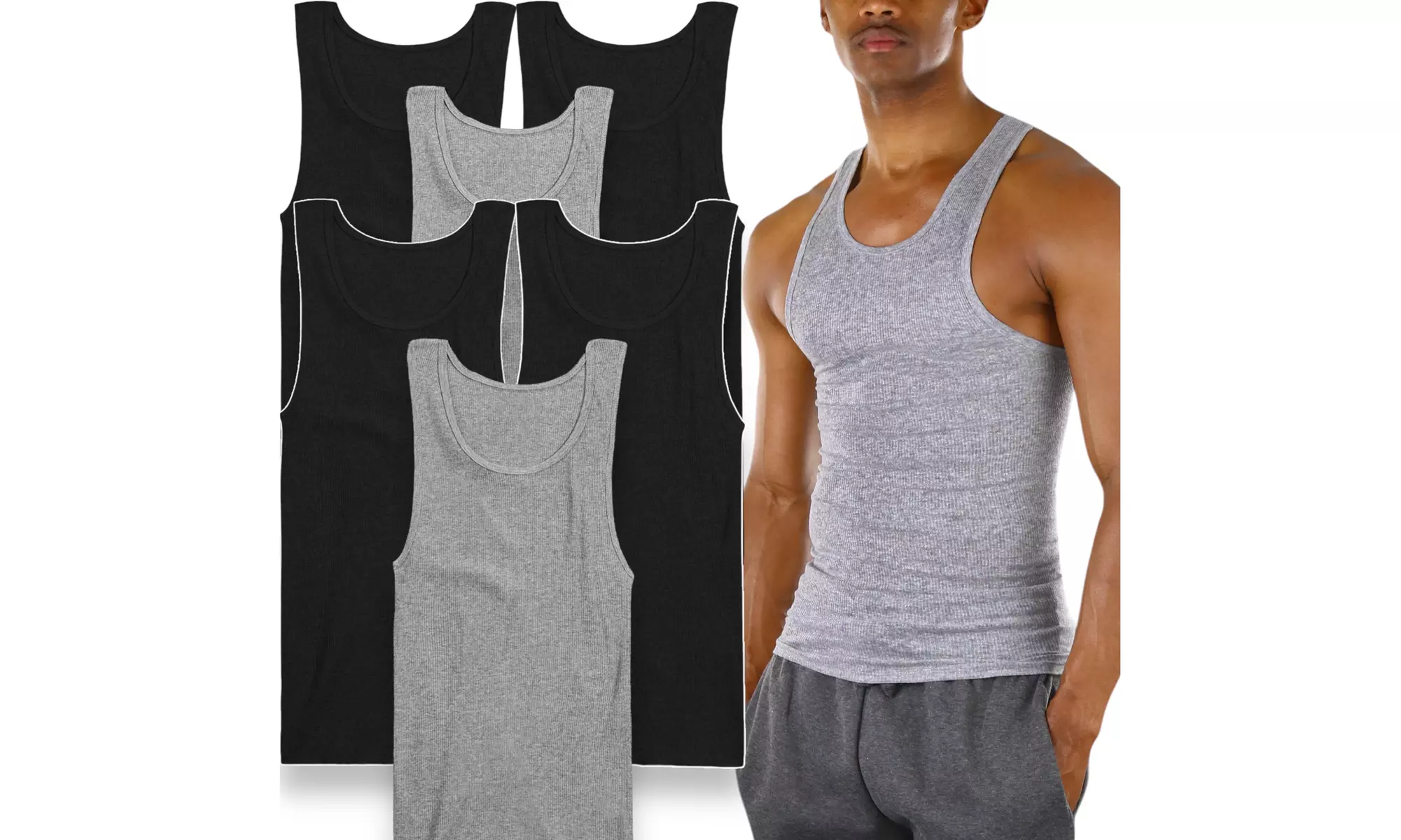 (6 Pack) Men's Slim Fit Ribbed Cotton Sleeveless A-Shirts - Primary Image