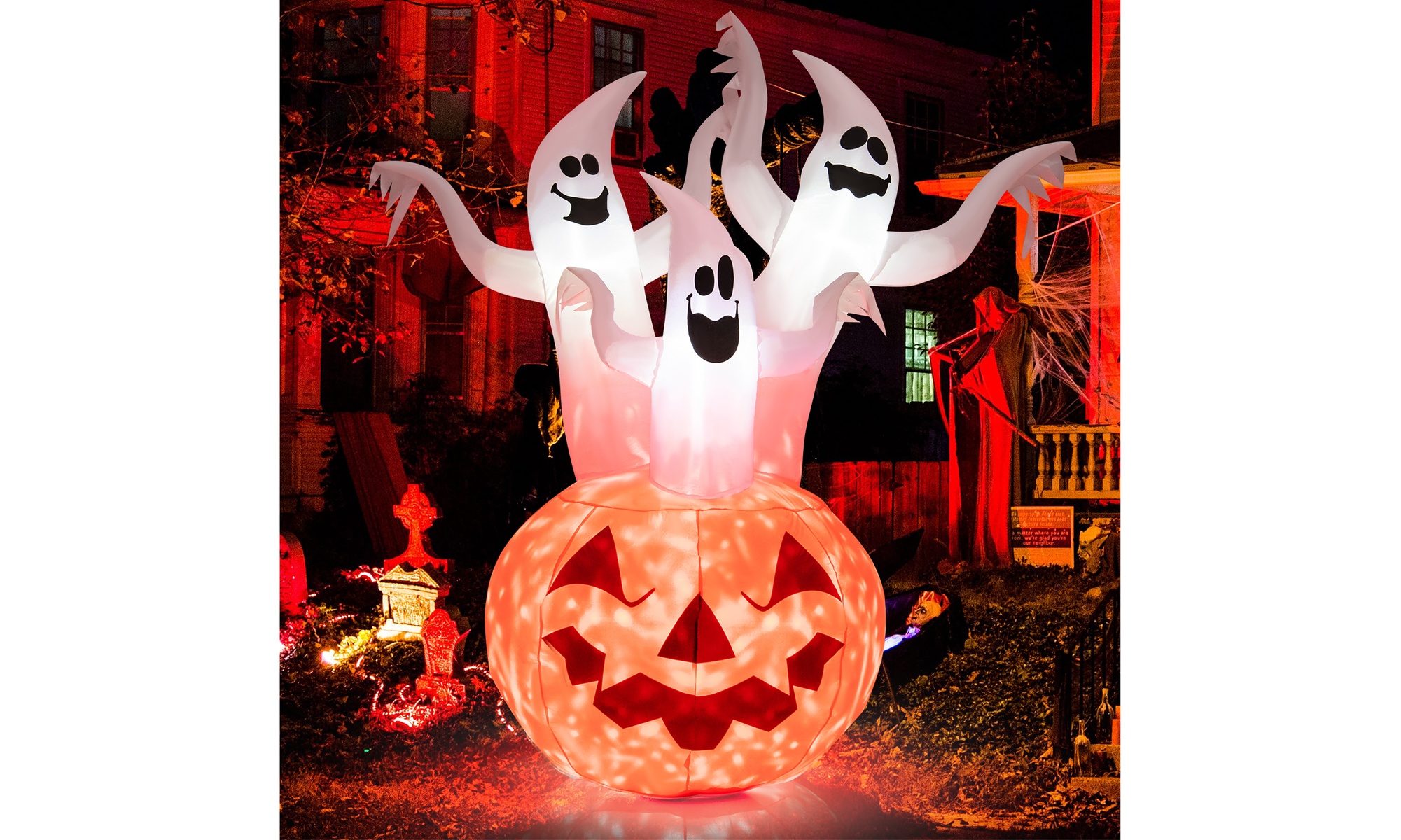 Costway 6 FT Inflatable Halloween Three White Ghosts Pumpkin Decor Rotat Lamp