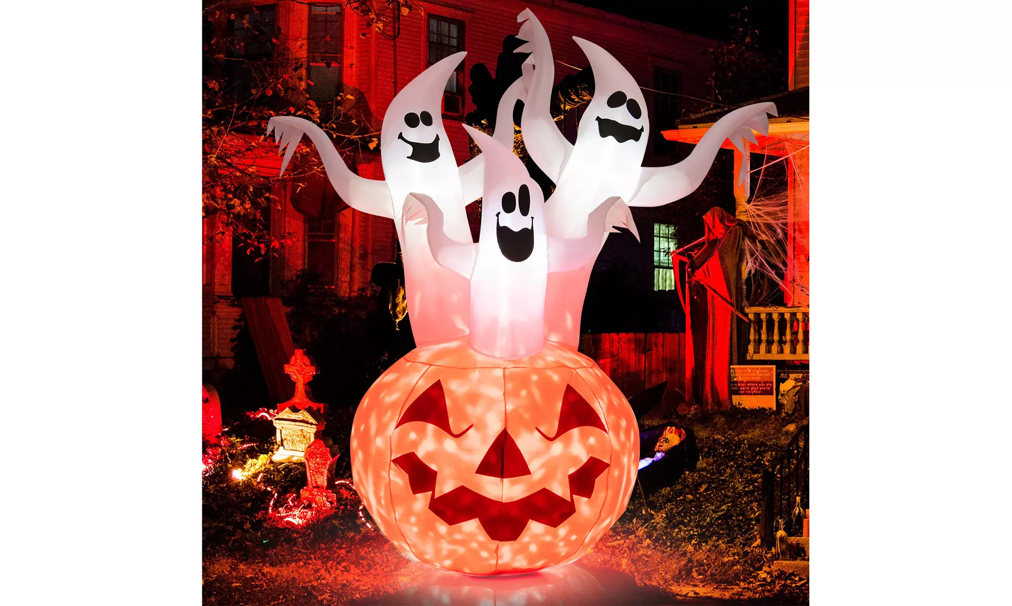 Costway 6 FT Inflatable Halloween Three White Ghosts Pumpkin Decor Rotat Lamp