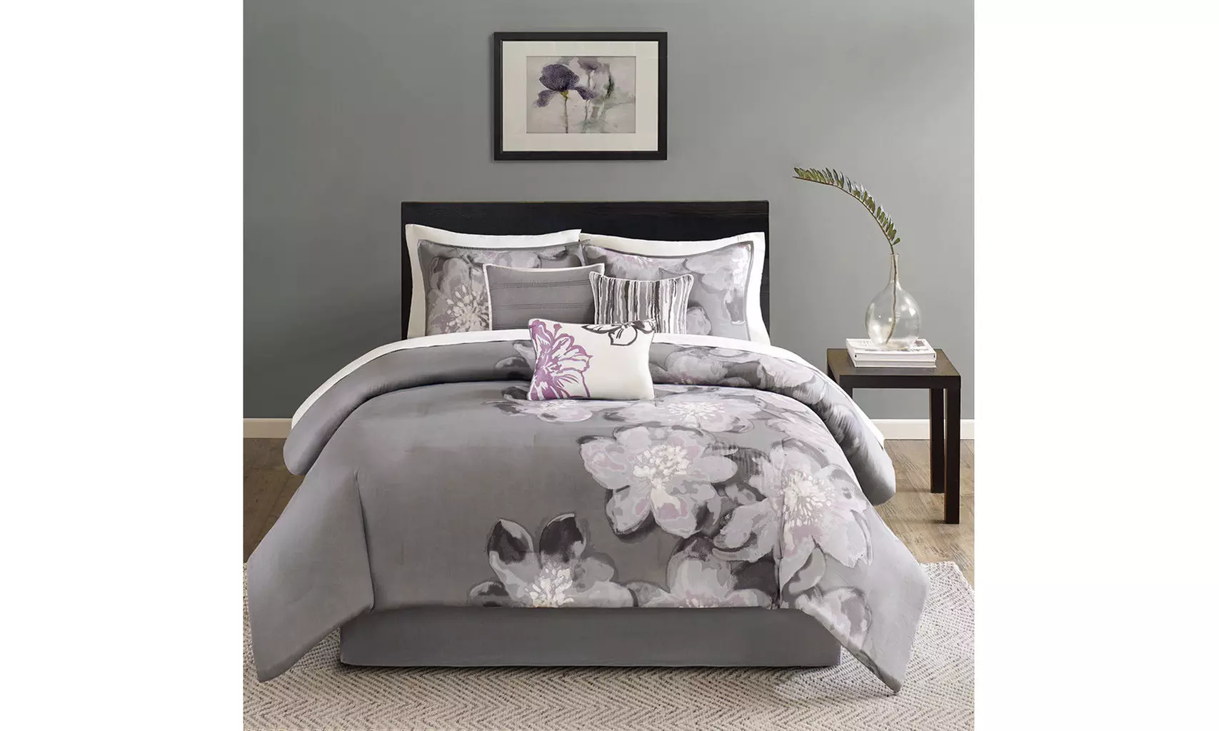 BEAUTIFUL MODERN CHIC ELEGANT CONTEMPORARY SILVER GREY PURPLE COMFORTER SET - Primary Image