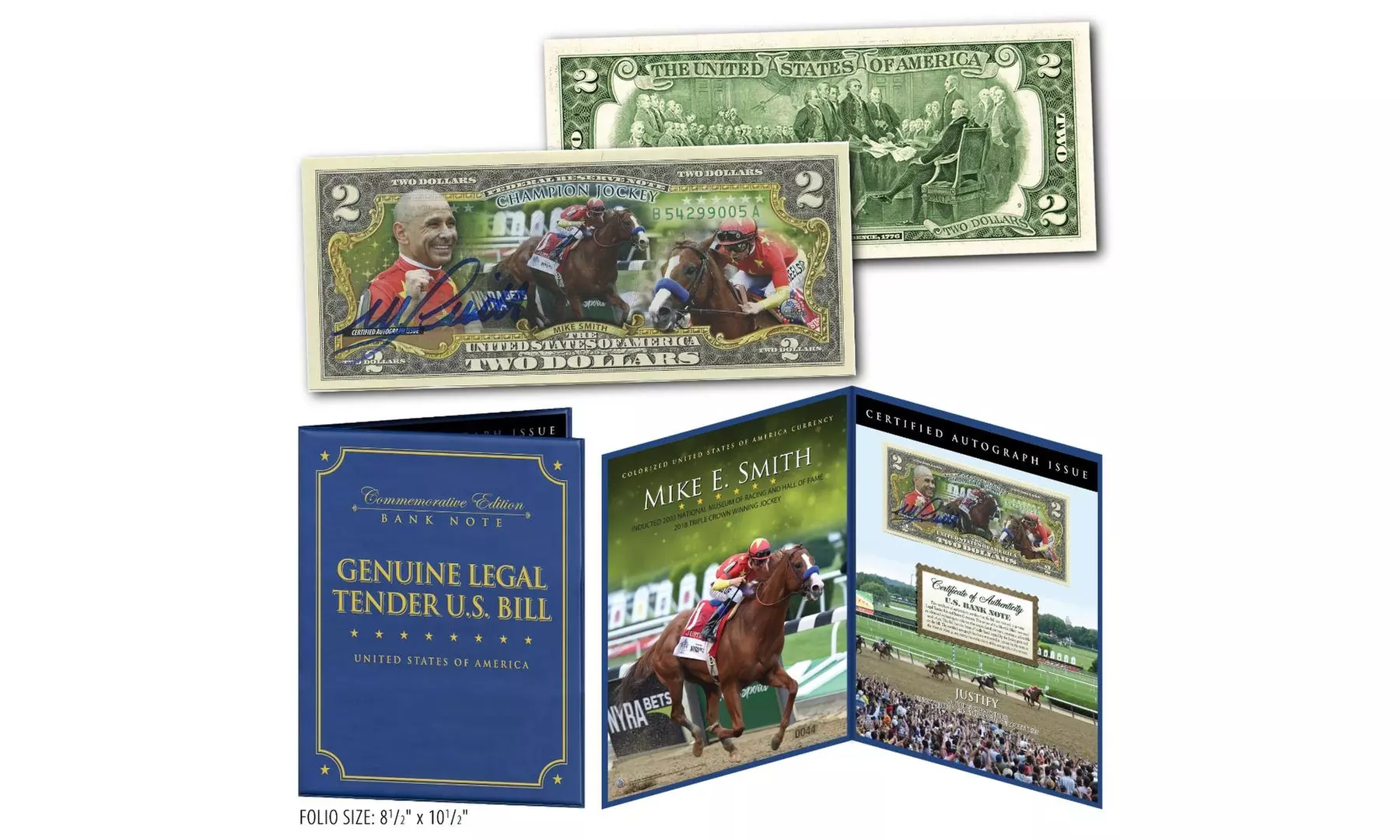 Justify & HOF Jockey Mike Smith 2 Dollar Bill in 8x10 w/Certified Signature - Primary Image