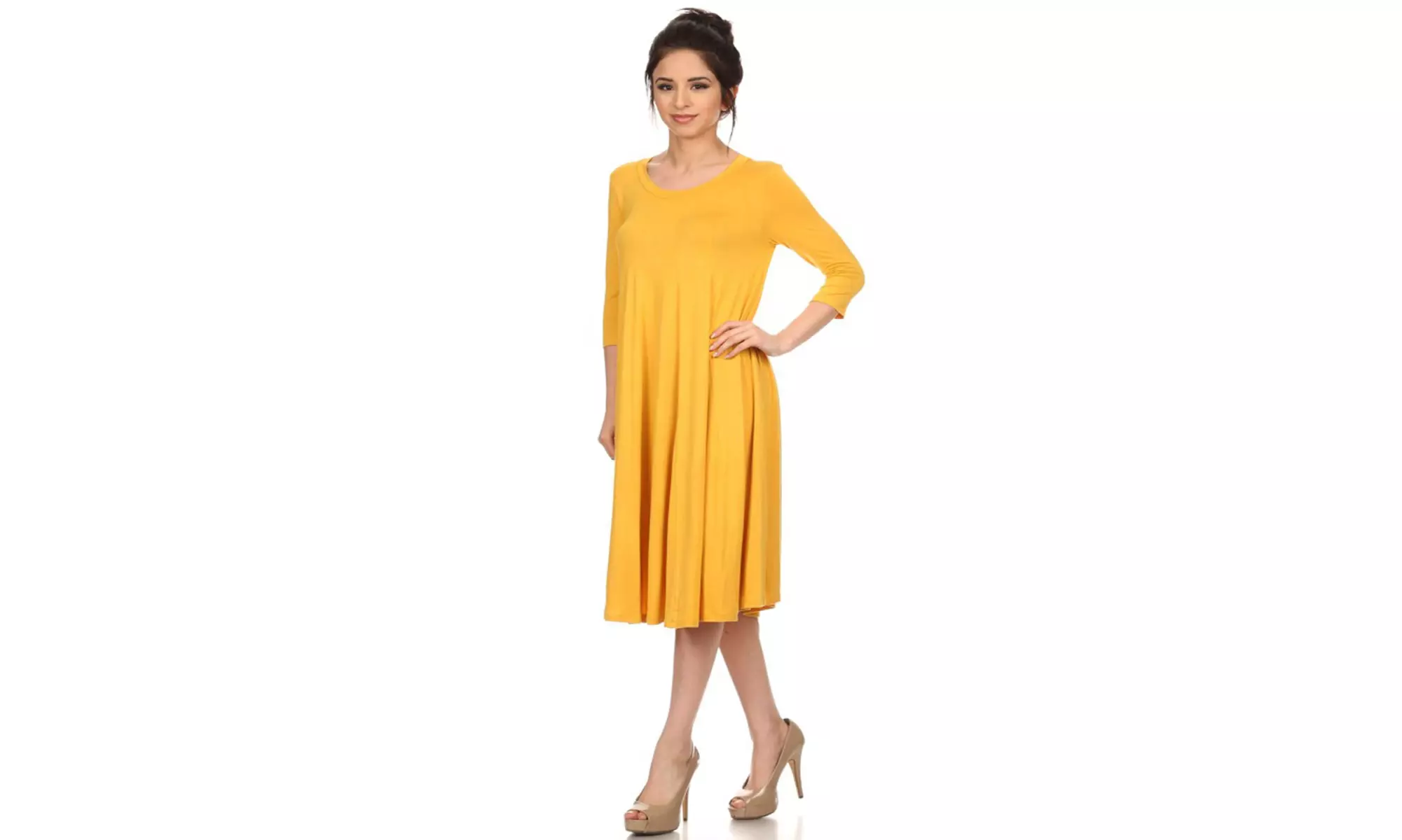 Women's Solid Casual Comfy 3/4 Sleeve Loose Fit A-line Midi Dress