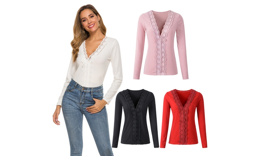 Image 1: 2020 Women Deep V Neck Henley Shirts Knit Long Sleeve Sweater Top Blouse Tee