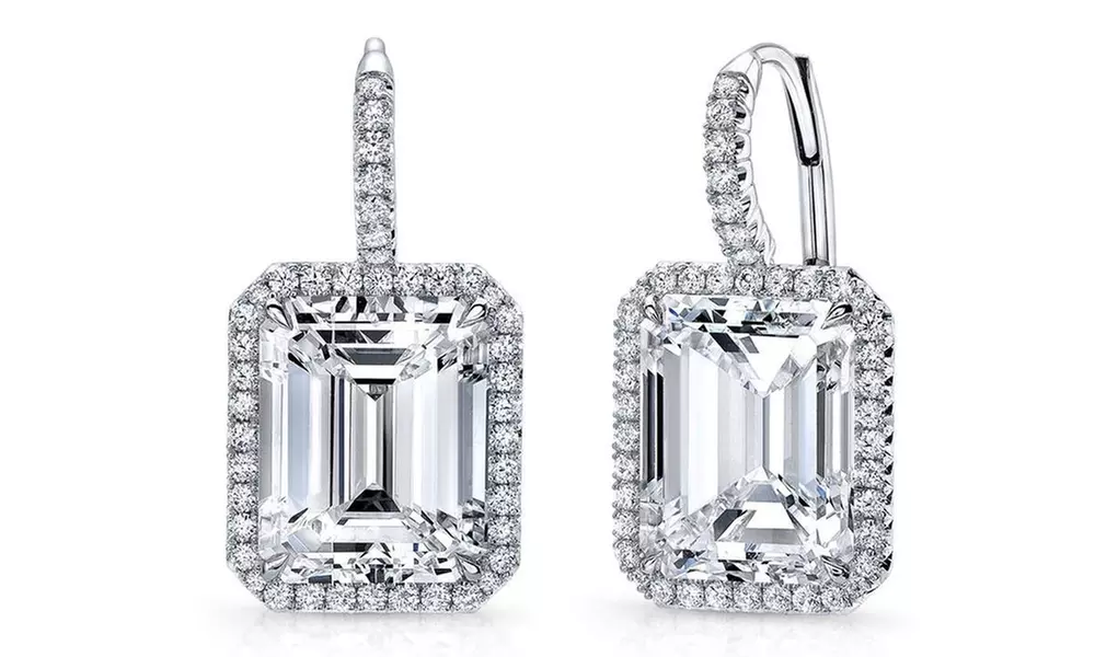 Emerald Cut Swarovski Crystals Halo Leverback Earrings by Mina Bloom - Primary Image