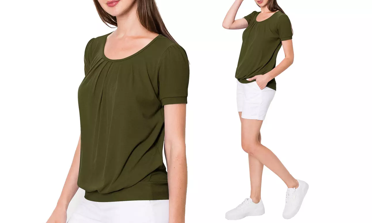 Made by Johnny Women's Scoop Neck Short Sleeve Front Pleated Blouse