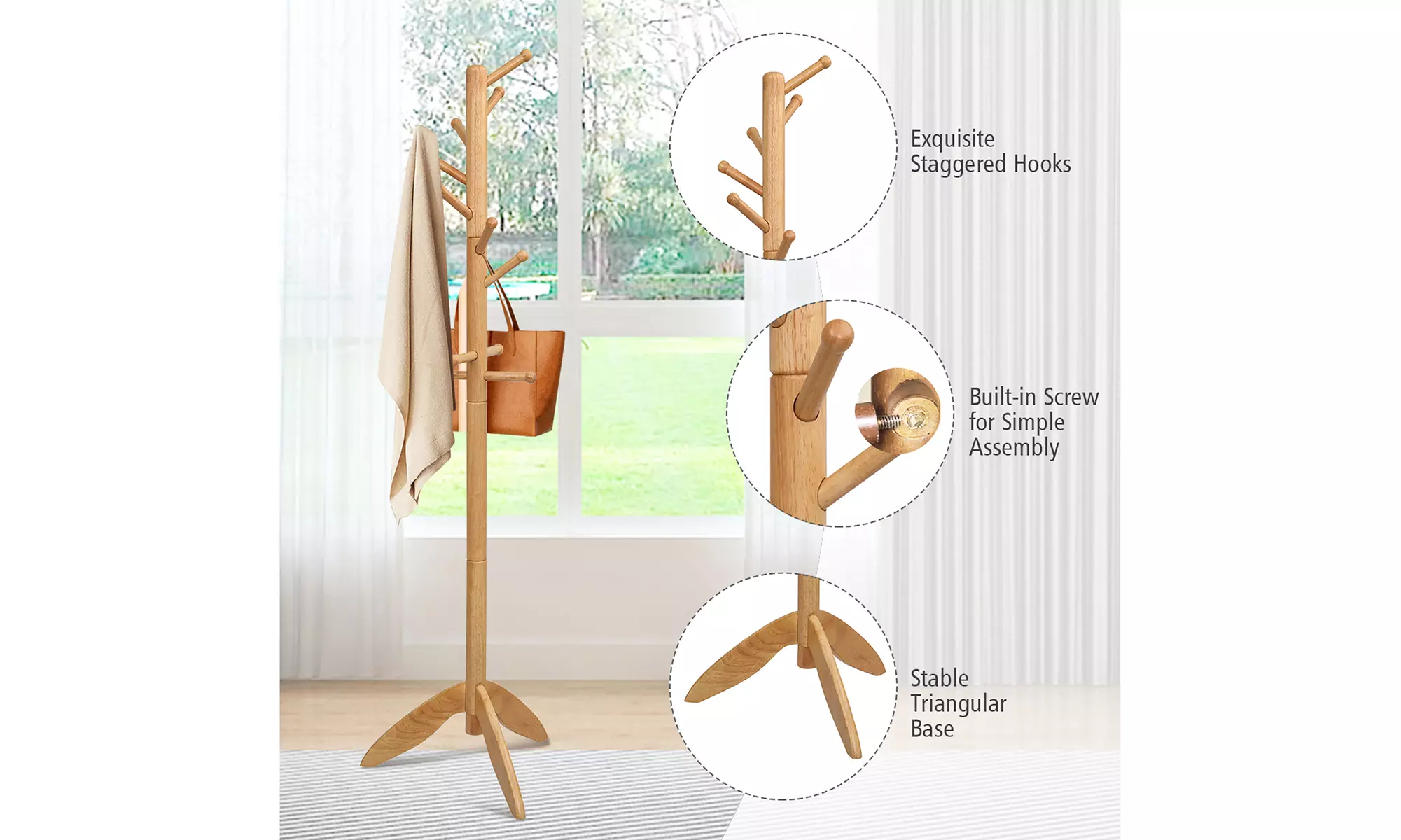 Costway Wooden Coat Rack Entryway Hall Tree 2 Heights w/ 11 Hooks