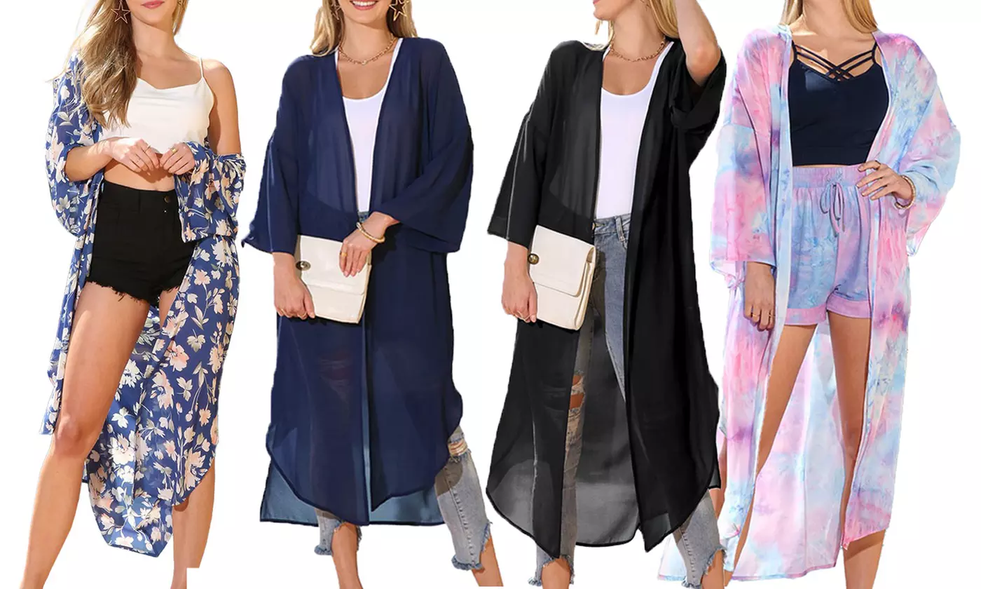 Doublju Women's 3/4 Sleeve Long Chiffon Kimono Cardigan. Plus Size Available. - Primary Image