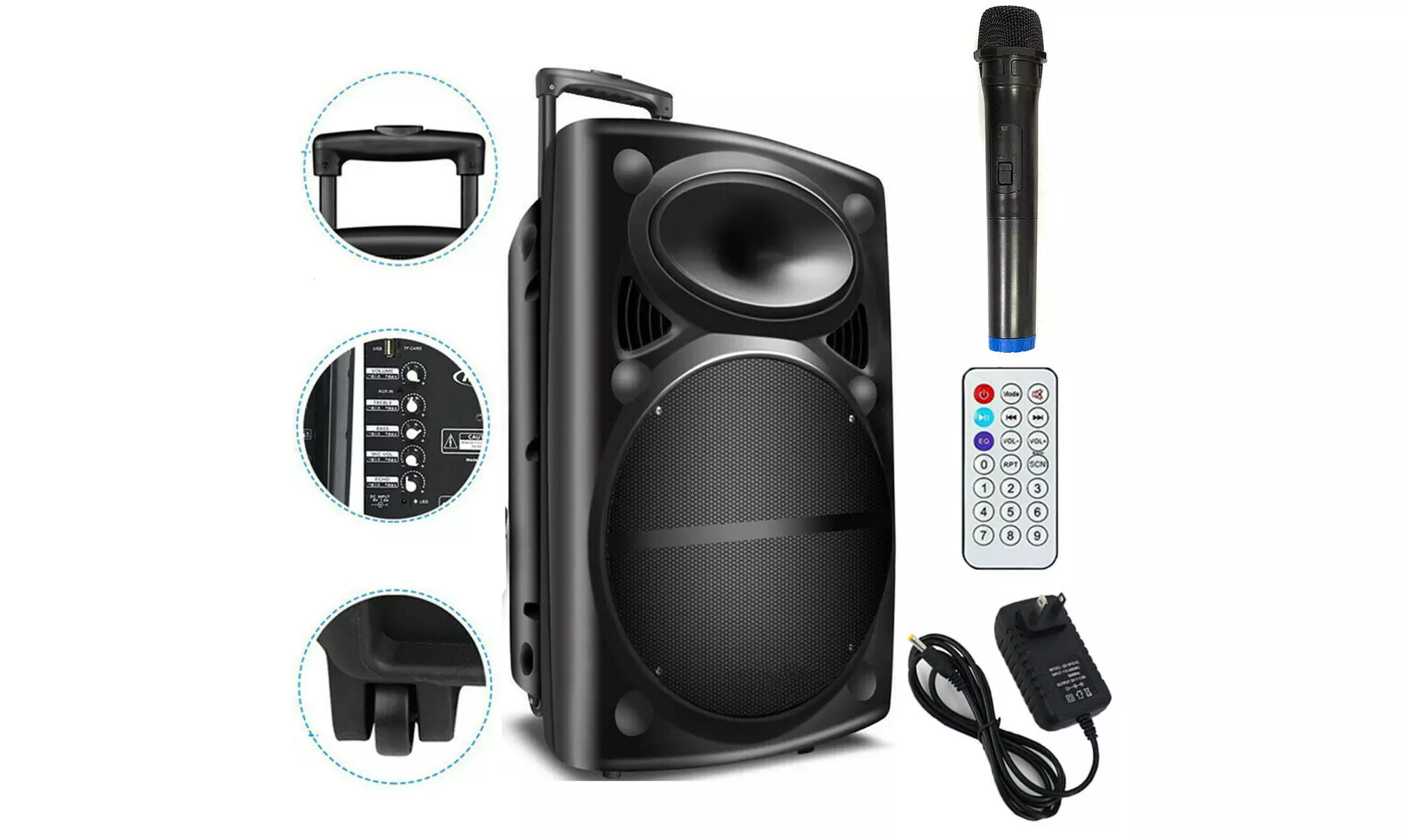 12" 1500W Portable Rolling DJ Party Bluetooth PA Speaker Wireless Remote  Mic - Primary Image