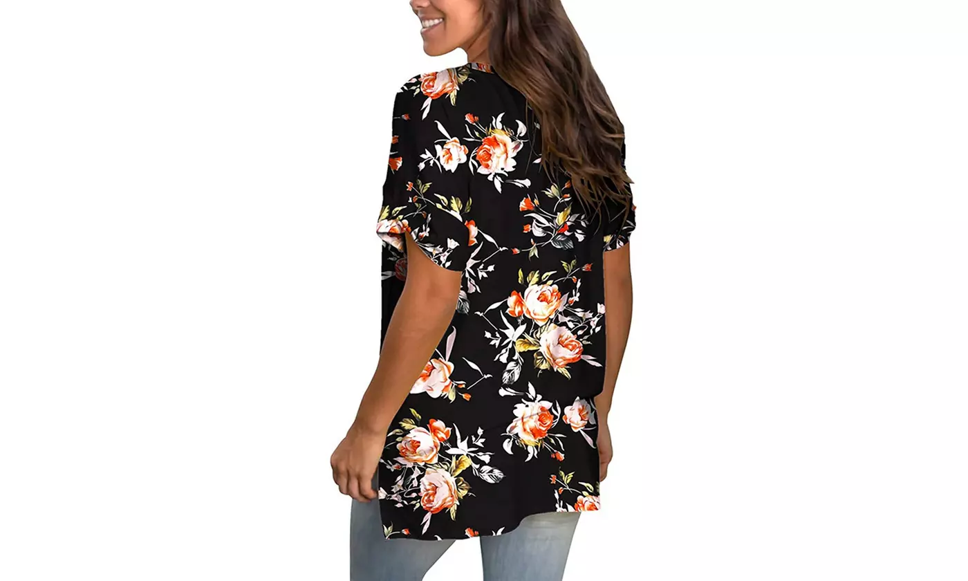 Womens Summer  Floral Printed V Neck Tunic Shirts 