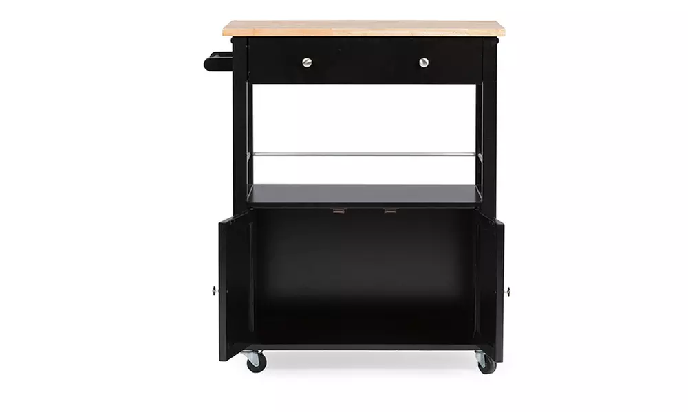 Closeout: Denton Contemporary Black Kitchen Cart with Wood Top - Second Medium