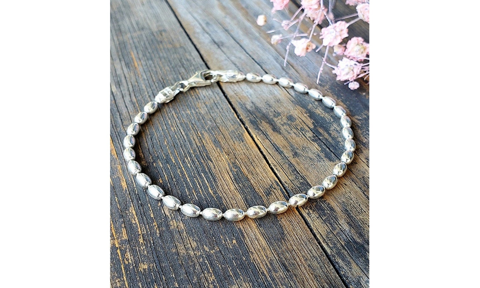 925 Sterling Silver Oval Rice Bead Bracelet Available in 7 , 7.5 or 8 Inch