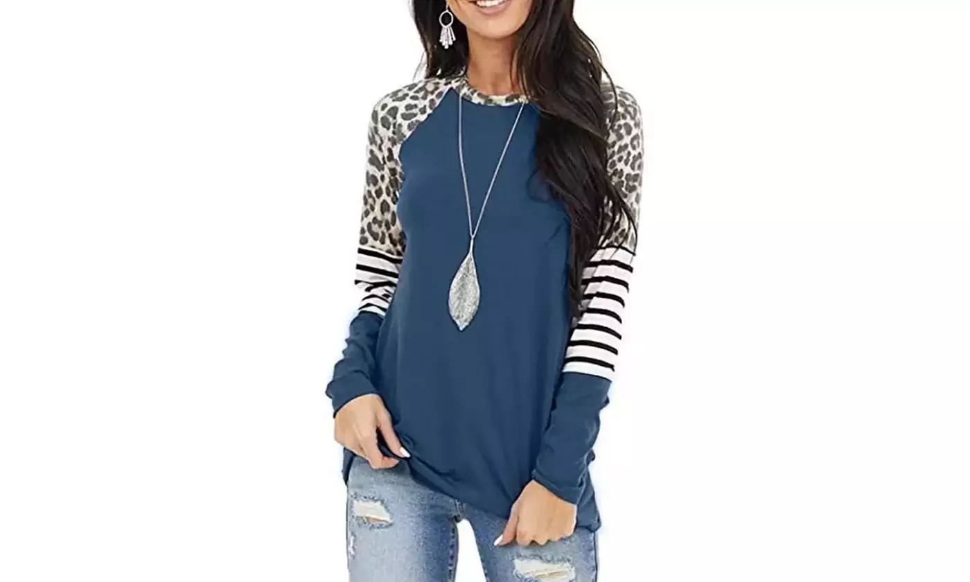 Women's Long Sleeve Leopard Print Color Block Tunic Tops  - Second Medium