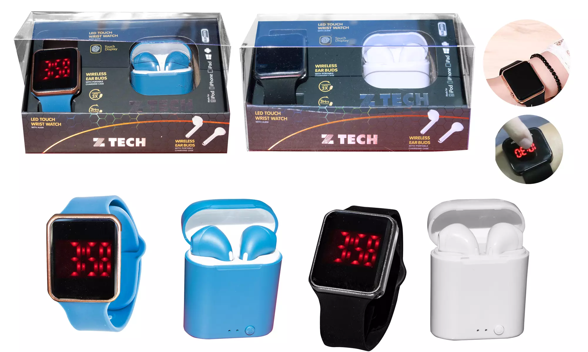 Zummy LED Touch Watch and Wireless Headphones with Portable Charging Case Set