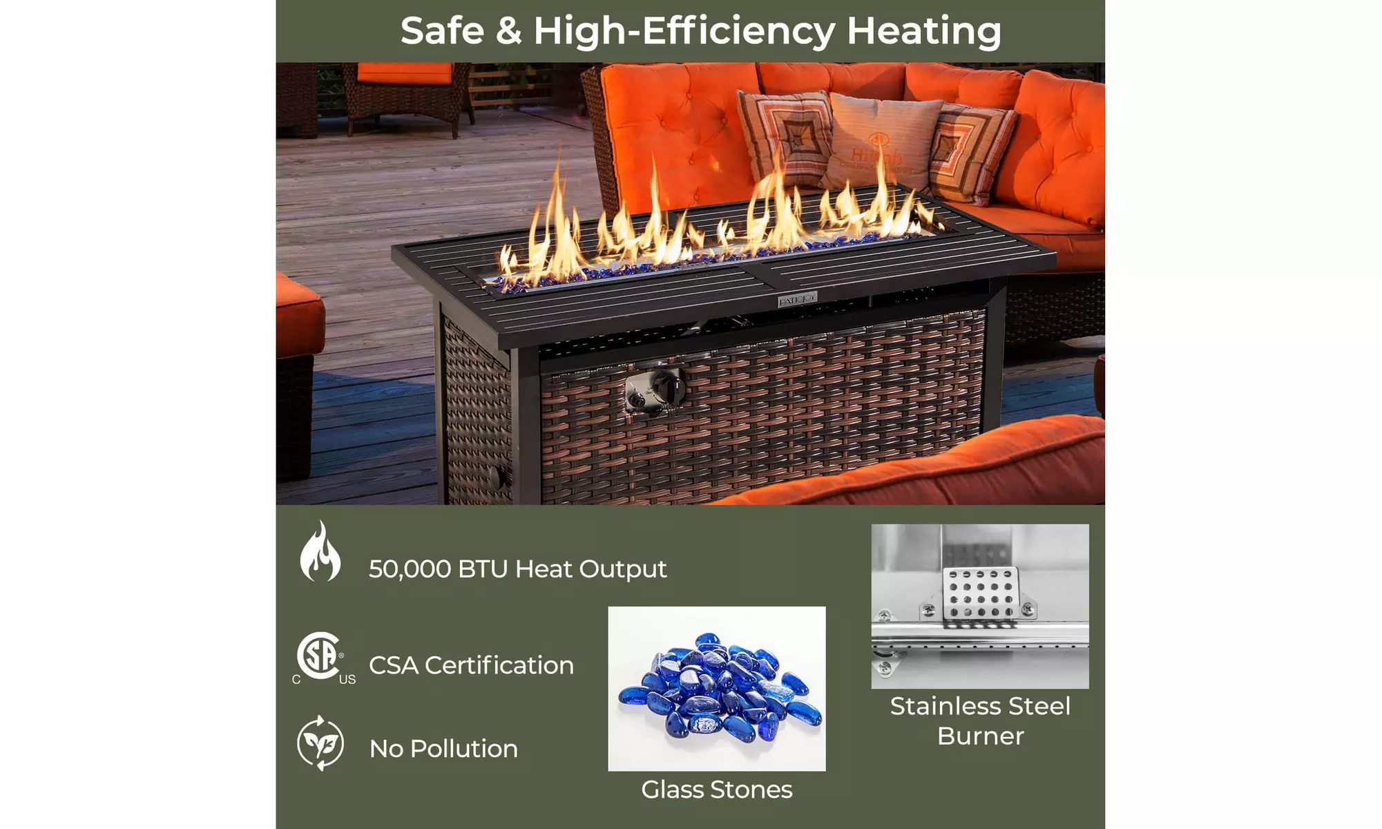 Costway 45" Propane Rattan Firepit Table with Glass Stones & Protective Cover