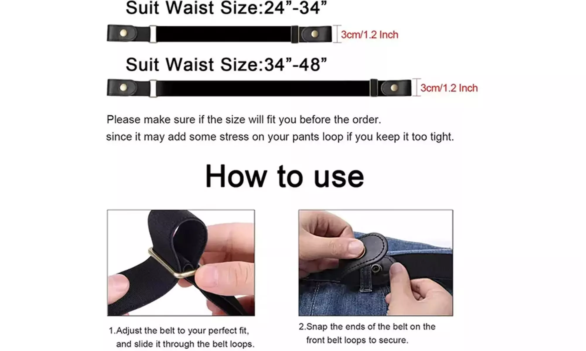 2 Pack No Buckle Free Elastic Belt Adjustable Invisible Stretch Waist Belt
