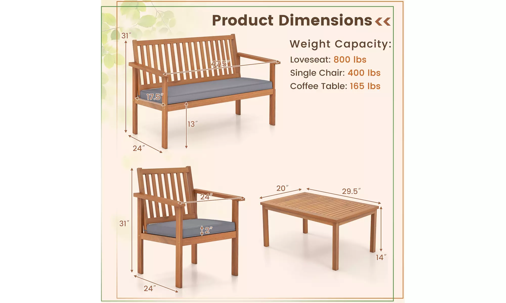 Costway 4 PCS Patio Wood Furniture Set with Loveseat, 2 Chairs & Coffee Table