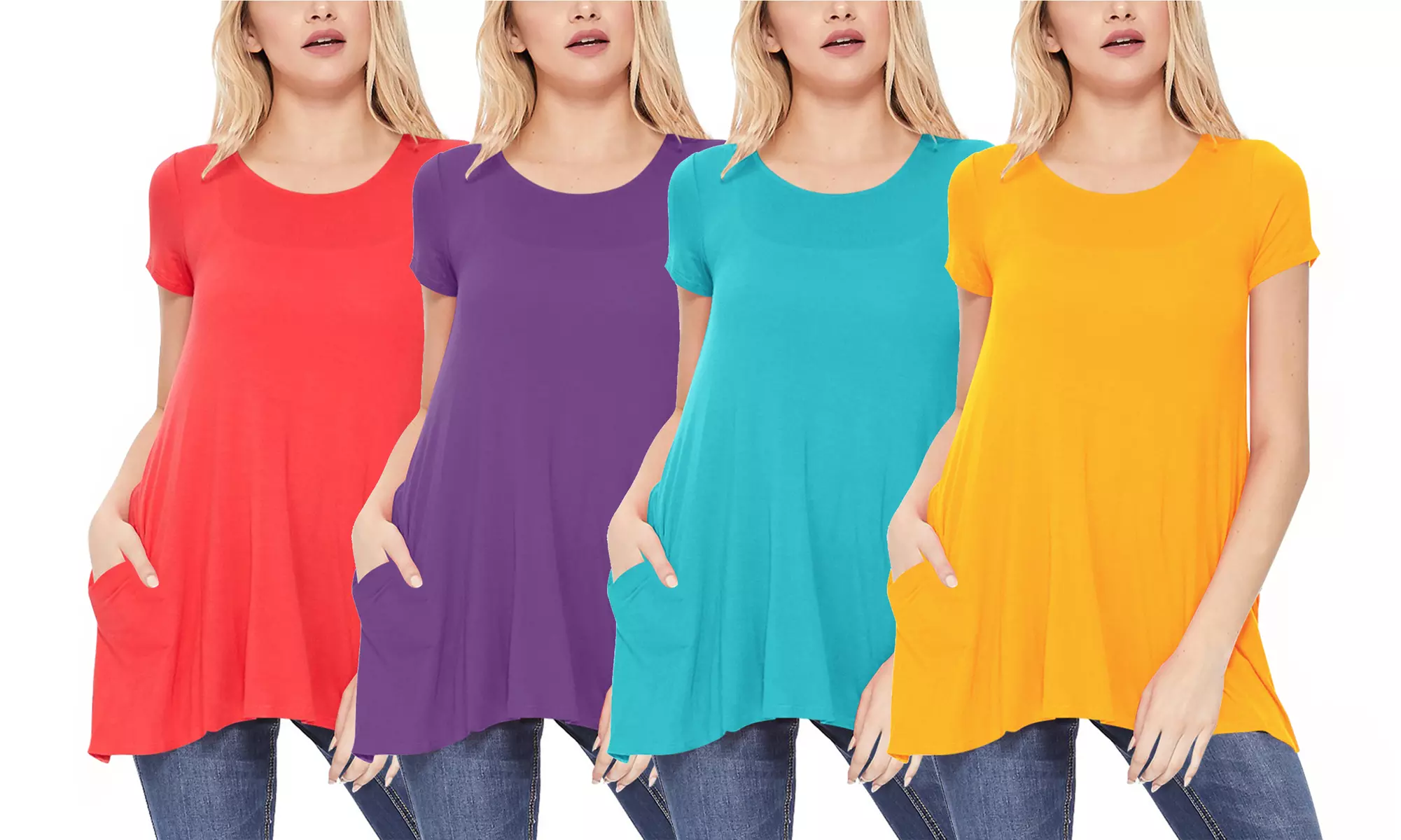 MOA Collection Women's Short Sleeve Round Neck Tunic Top with Pockets