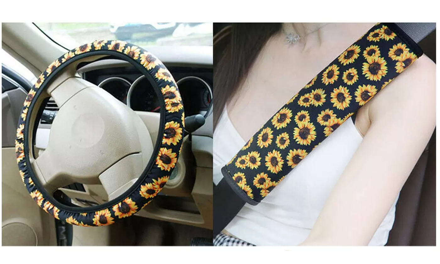 4pcs Sunflower Car Interior Steering Wheel Cover&Seat Belt Pads&Keychain Set