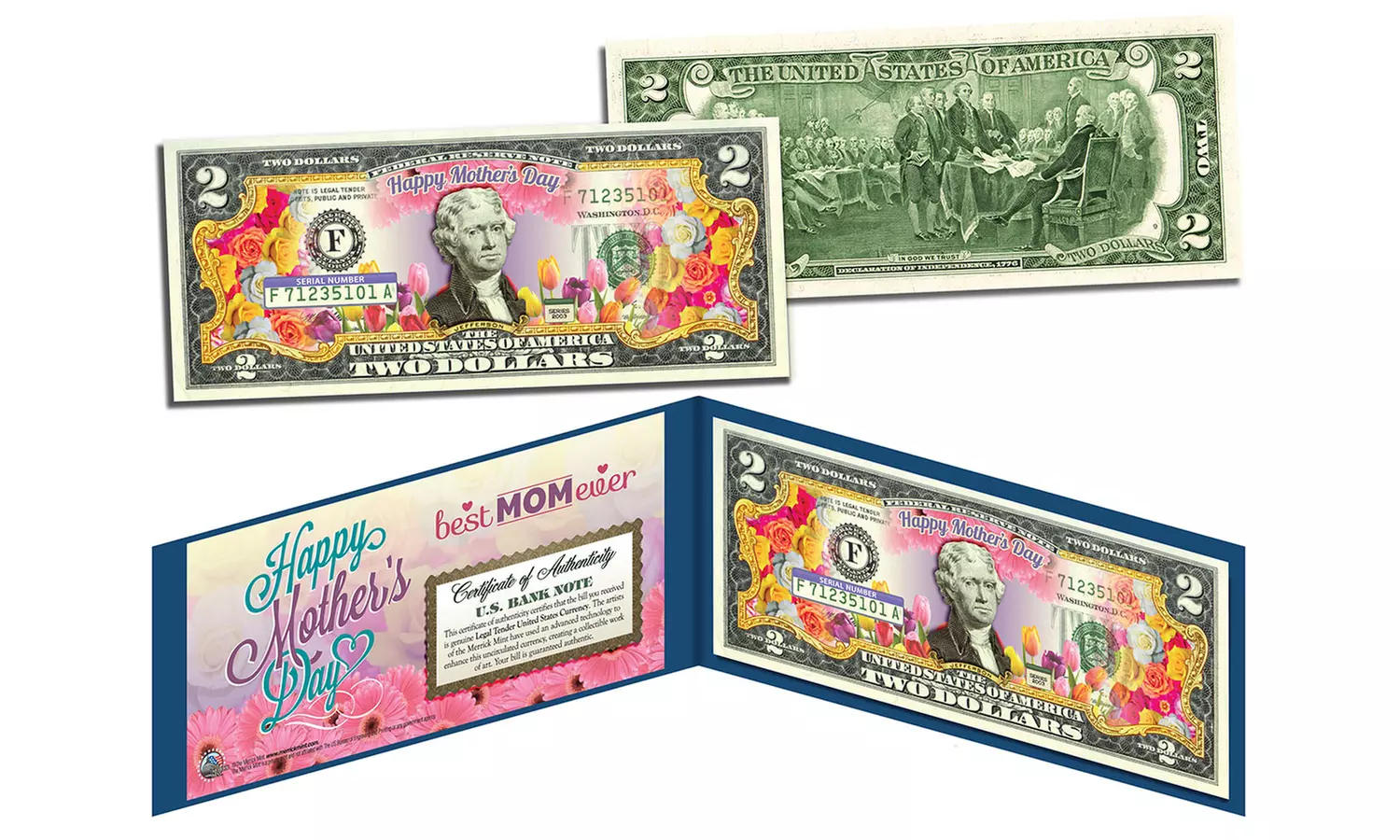 Happy Mother's Day Genuine Legal Tender Colorized Two (2) Dollar Bill - Primary Image