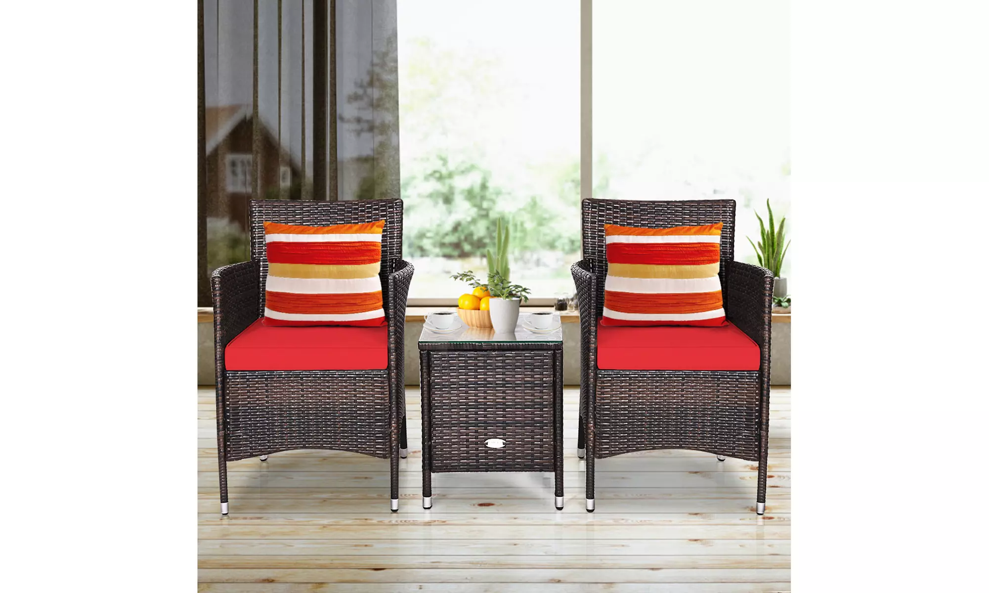 Costway Outdoor 3 PCS PE Rattan Wicker Furniture Sets Chairs Coffee Table Garden