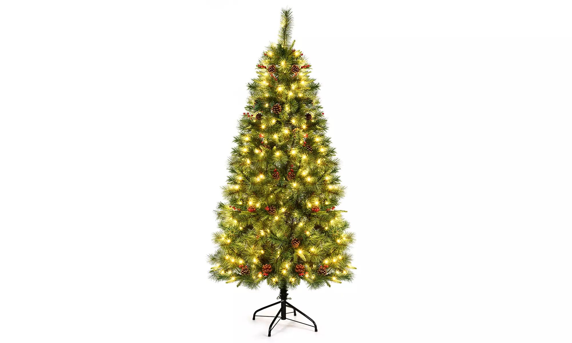 6Ft Pre-lit Hinged PE Artificial Christmas Tree w/ 250 LED Lights & Pine Cones - Primary Image