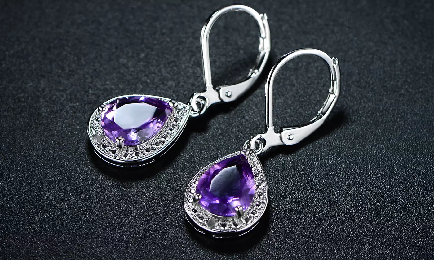 Genuine Amethyst with Diamond Accent Teardrop Earrings By Peermont