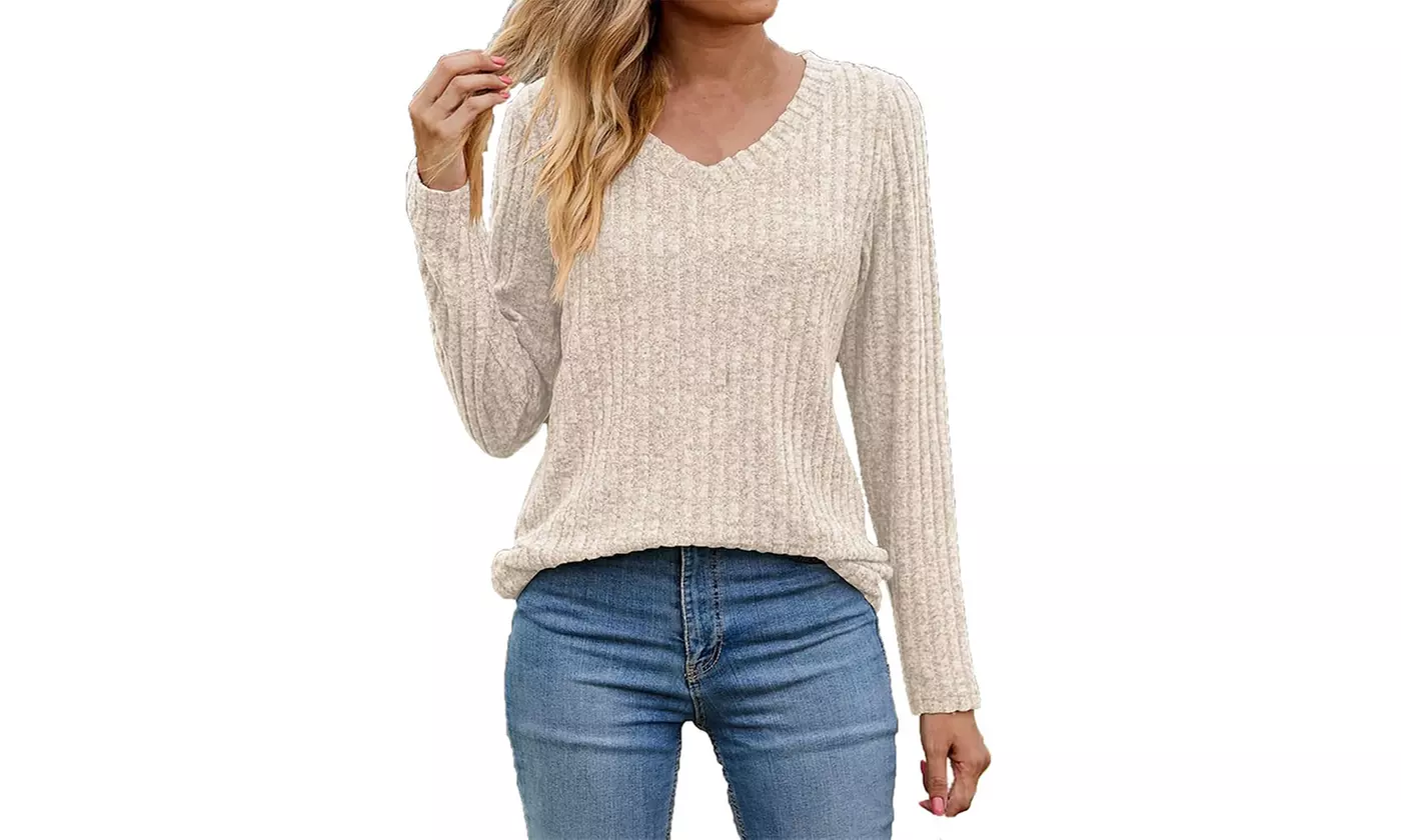 Bohuma Women's Casual Sweaters Solid Long Sleeve Sweater Crew Neck