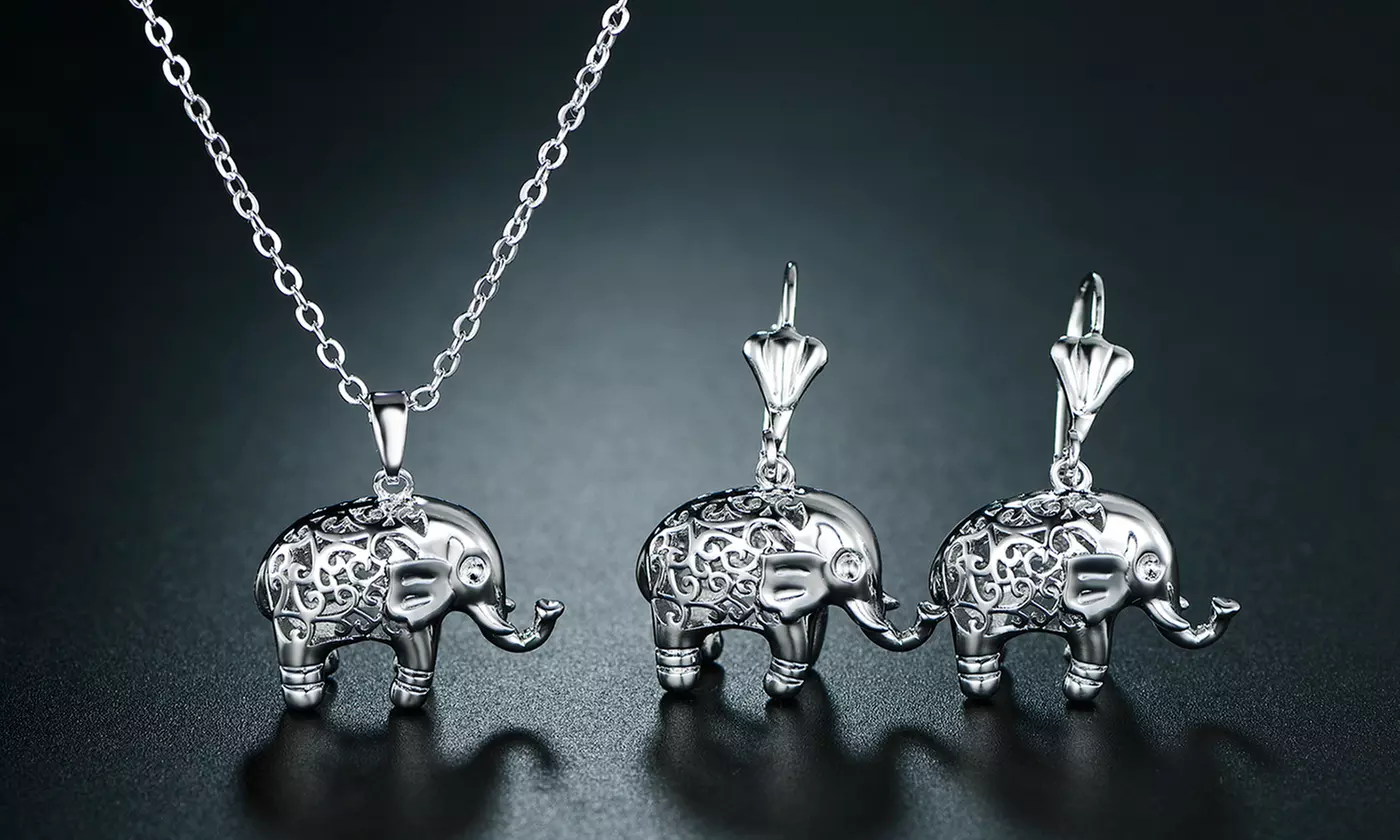 Sevil High Polish Filigree Elephant Earrings & Necklace Set