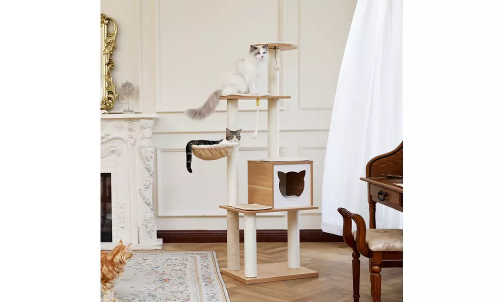 Wooden Cat Tree Multi-Level Cat Tower With Fully Sisal Covering Scratching Posts - Primary Image