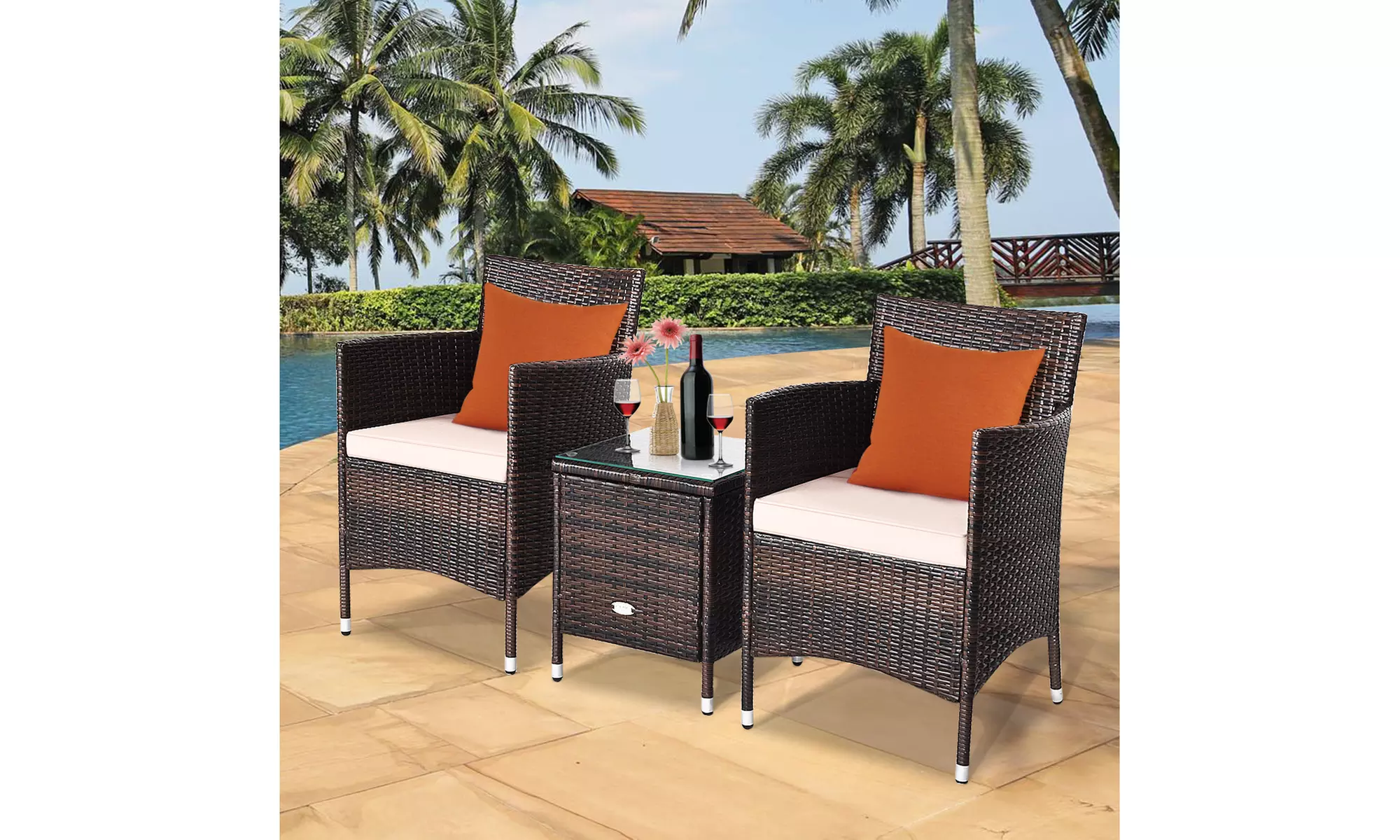 Costway Outdoor 3 PCS PE Rattan Wicker Furniture Sets Chairs Coffee Table Garden
